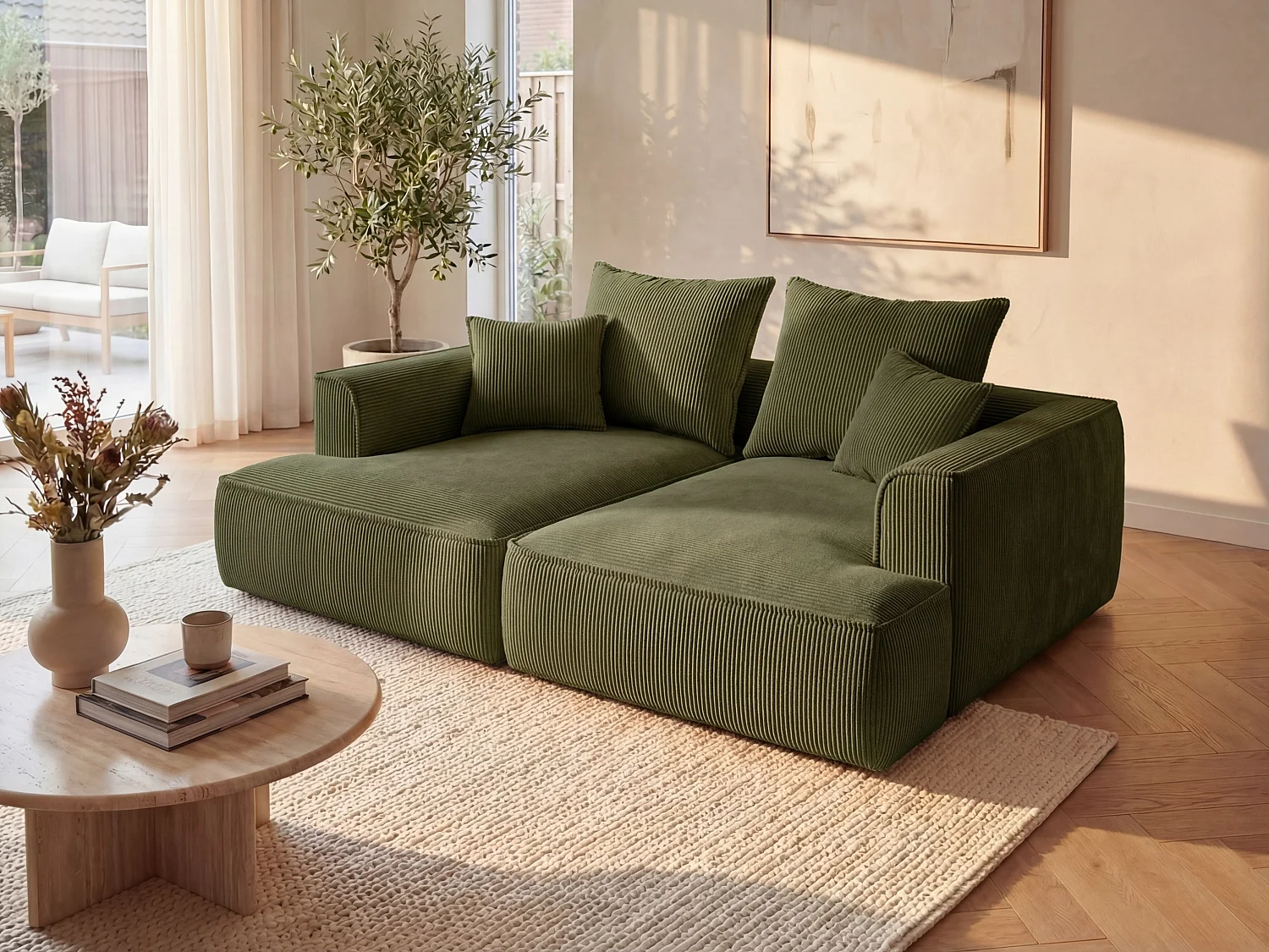 3-seater deep seat sofa in khaki green corduroy velvet PINETA