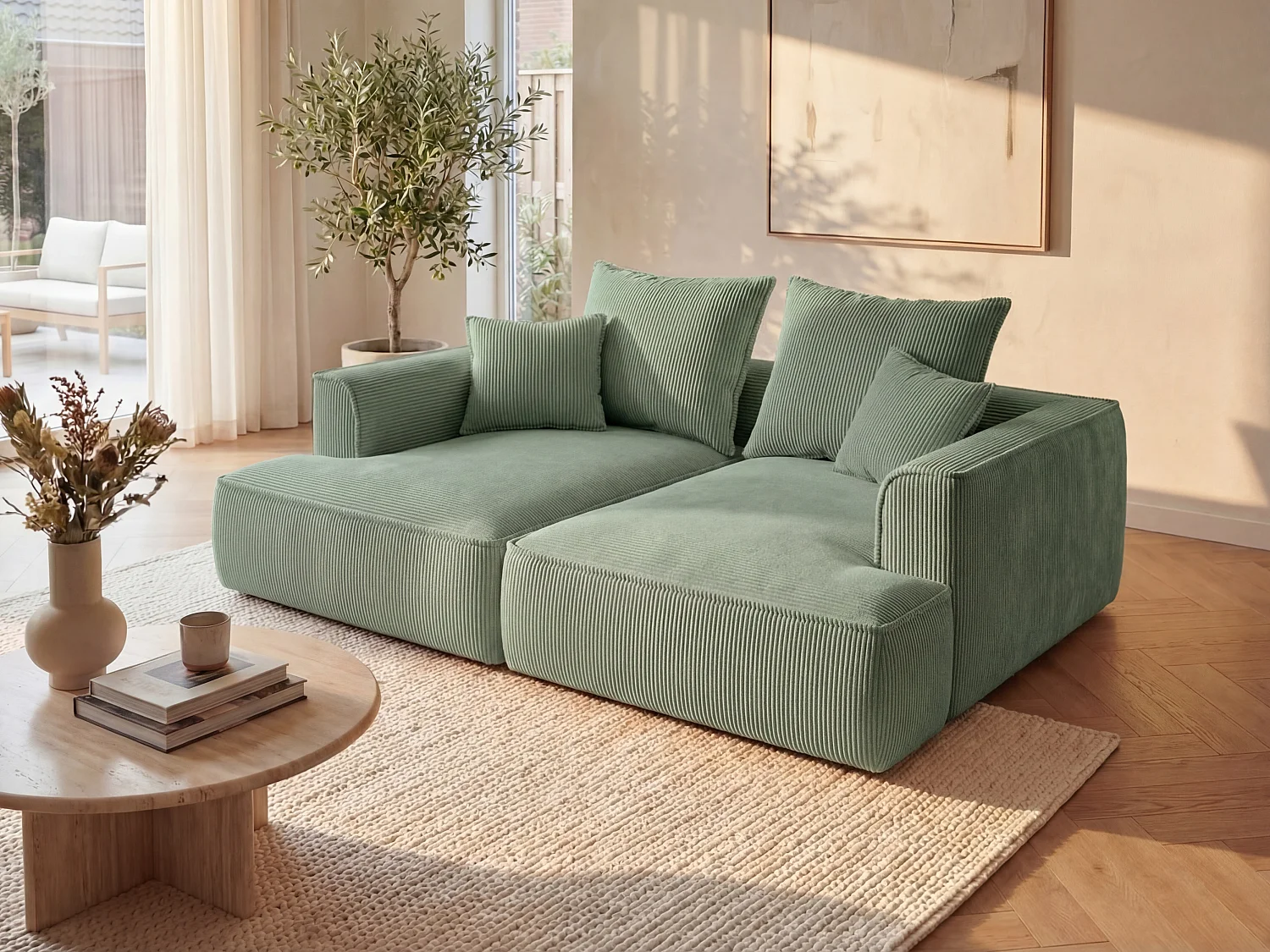 3-seater sofa deep seat comfort in almond green corduroy velvet PINETA