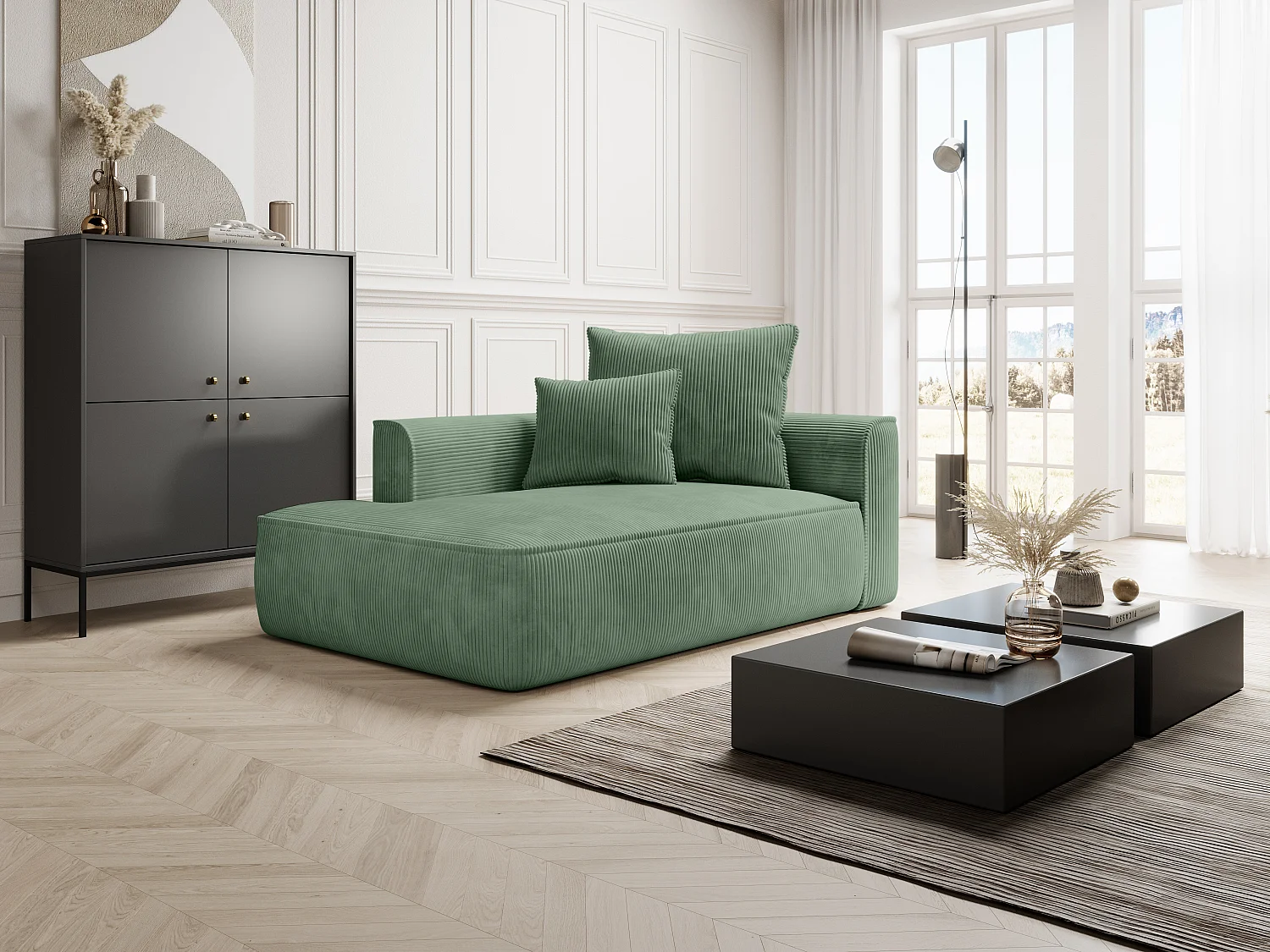 Højrevendt chaiselong i mintgrøn fløjl PINETA