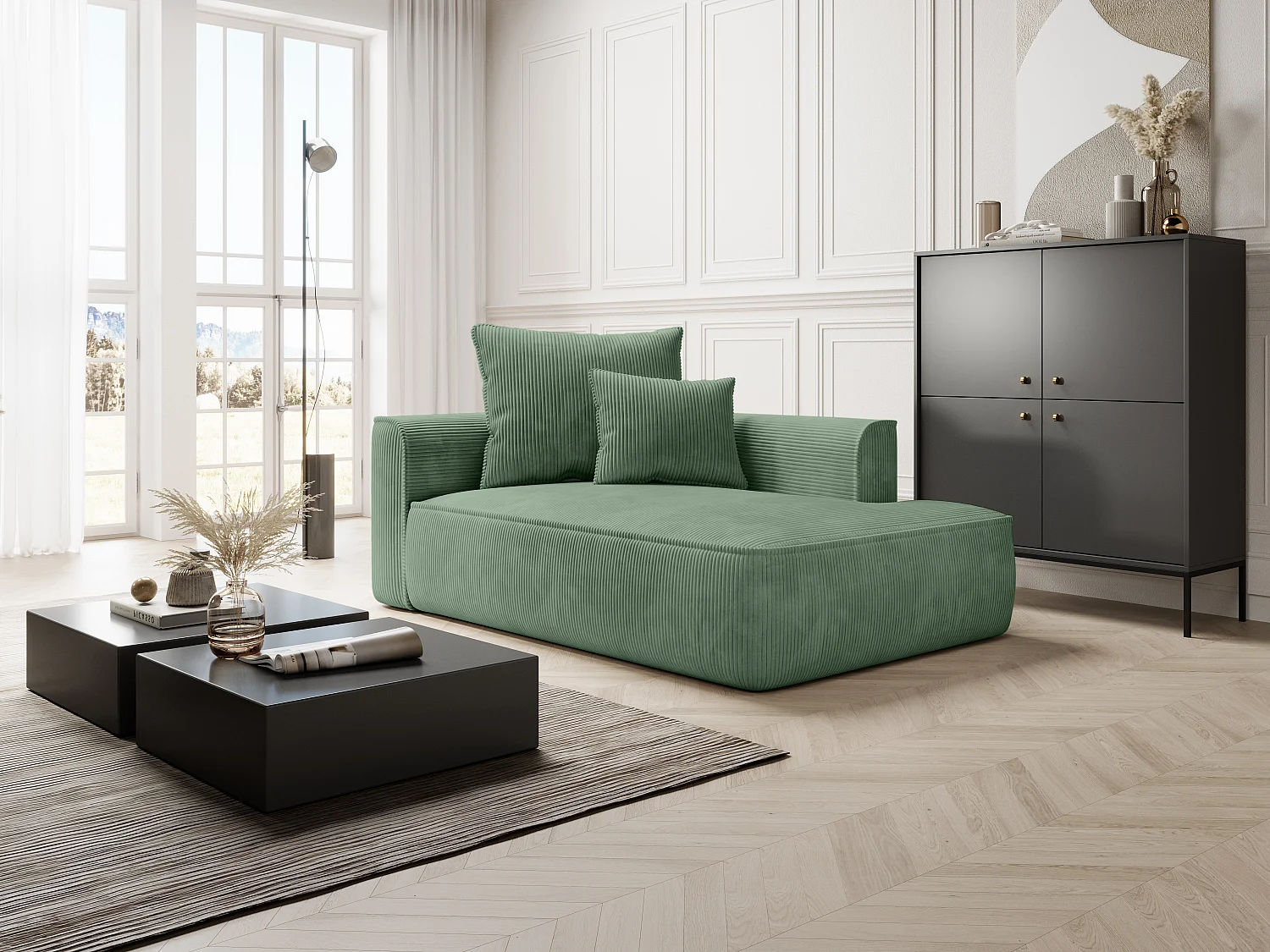 Méridienne gauche en velours côtelé vert amande PINETA