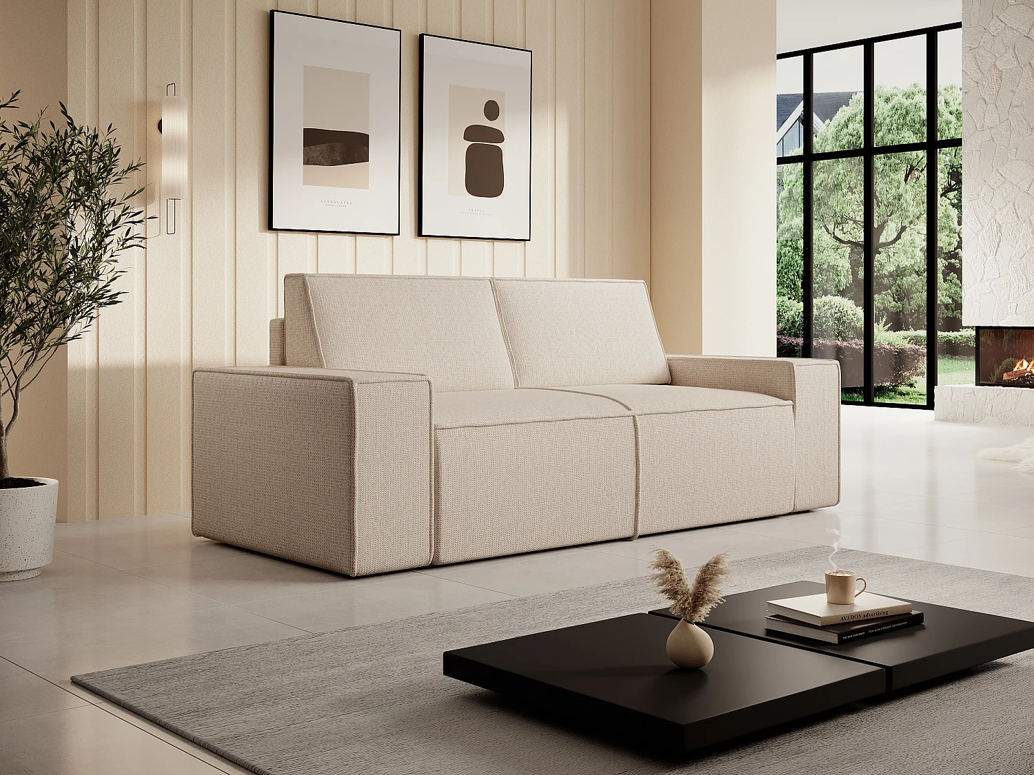  Canapé 2 places en tissu texturé beige AMELIA