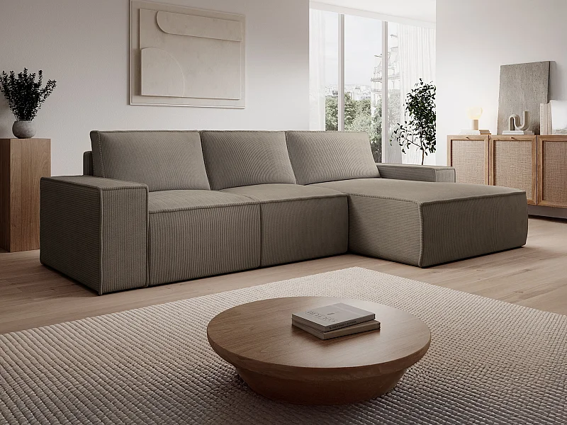 Grote hoekslaapbank met hoek rechts in taupe-kleurig corduroy -  AMELIA