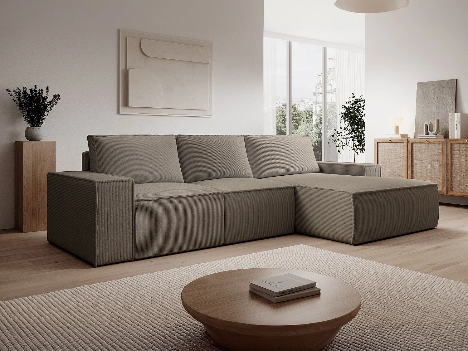 Stor höger bäddsoffa med konverteringsfunktion i manchestervelour i taupe AMELIA