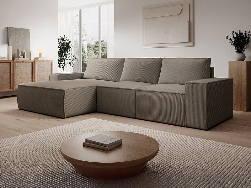 Großes Ecksofa mit Schlaffunktion - Ecke links - Cord - Taupe - AMELIA