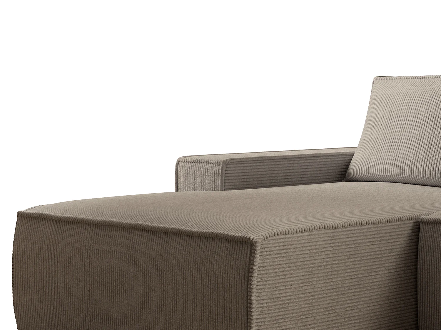 Stor vänstervänd bäddsoffa i vinklad modell av manchestersammet i taupe AMELIA