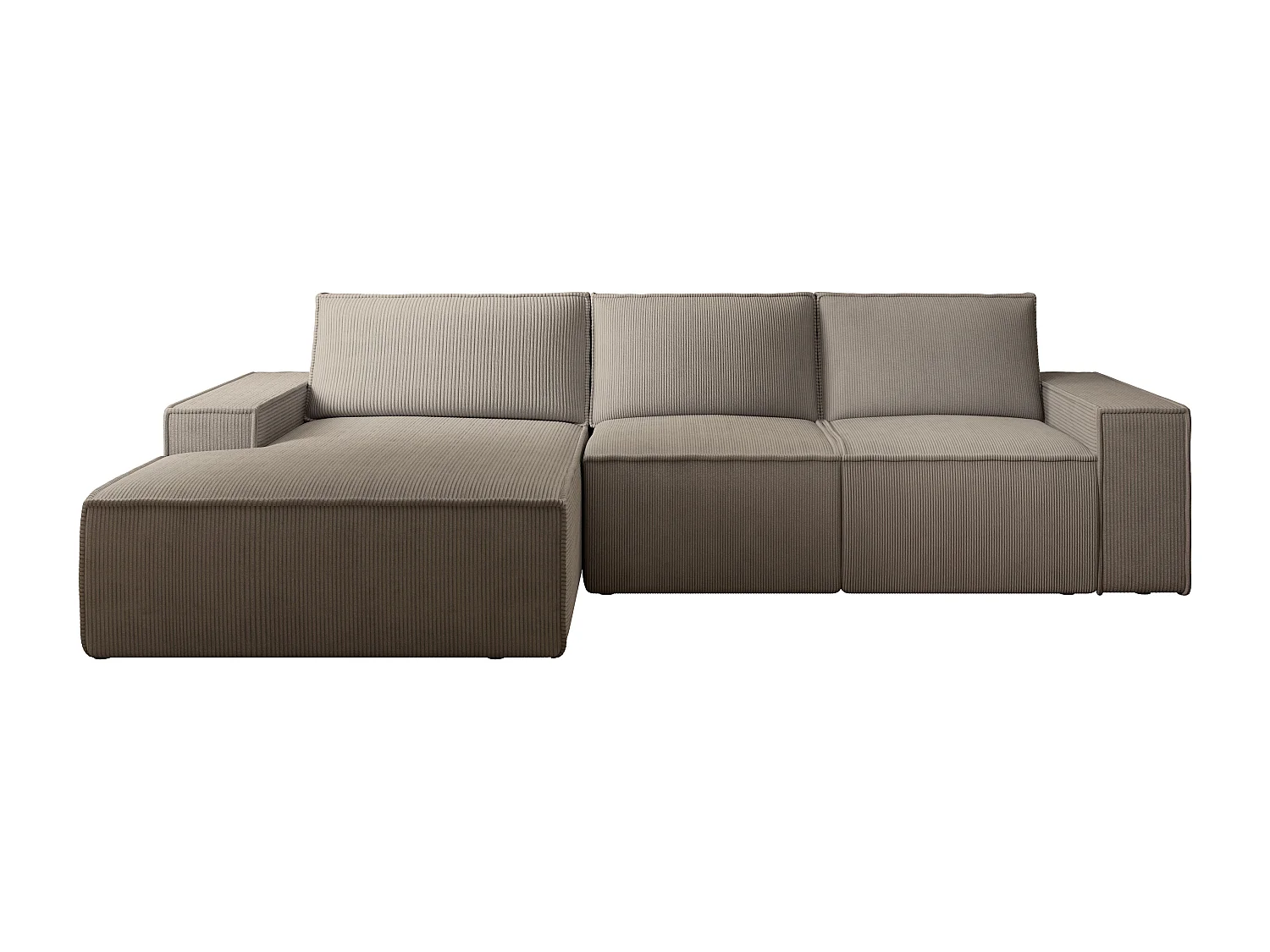 Stor vänstervänd bäddsoffa i vinklad modell av manchestersammet i taupe AMELIA