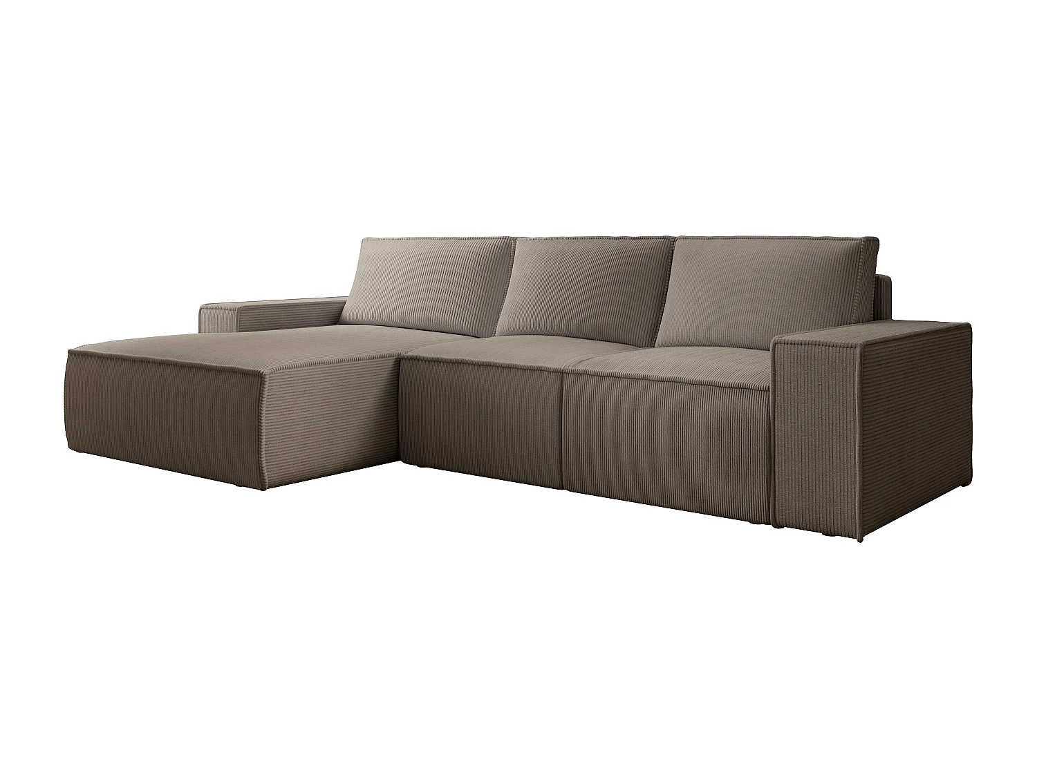 Stor vänstervänd bäddsoffa i vinklad modell av manchestersammet i taupe AMELIA