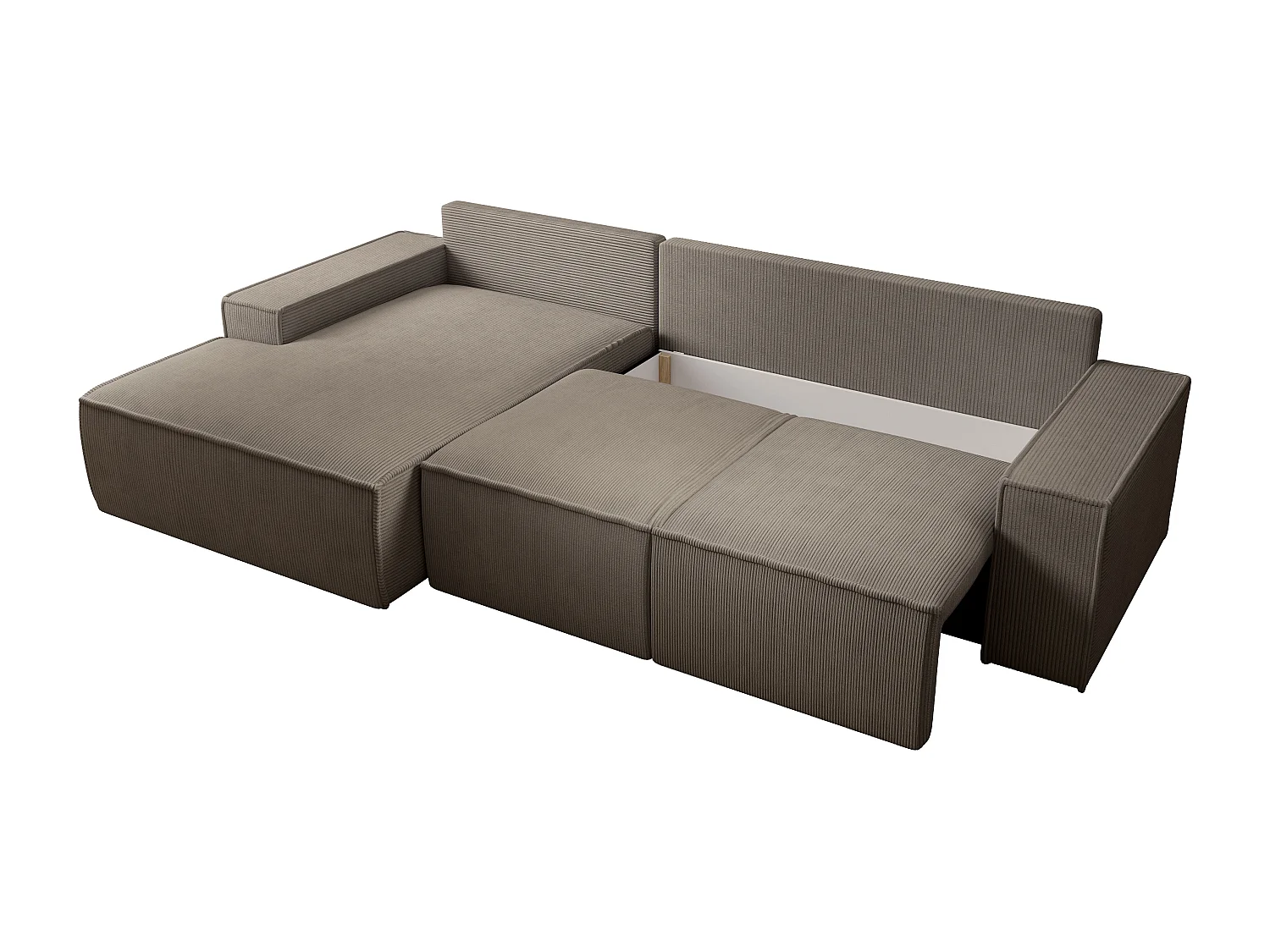 Stor vänstervänd bäddsoffa i vinklad modell av manchestersammet i taupe AMELIA