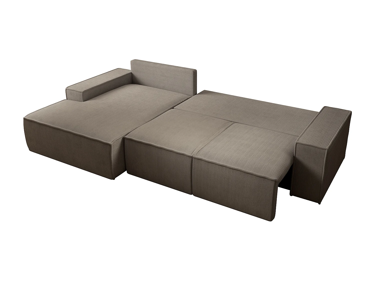 Stor vänstervänd bäddsoffa i vinklad modell av manchestersammet i taupe AMELIA