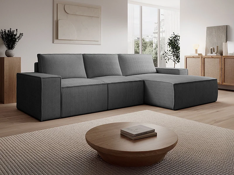  Grand canapé d'angle droit convertible en velours côtelé gris anthracite AMELIA