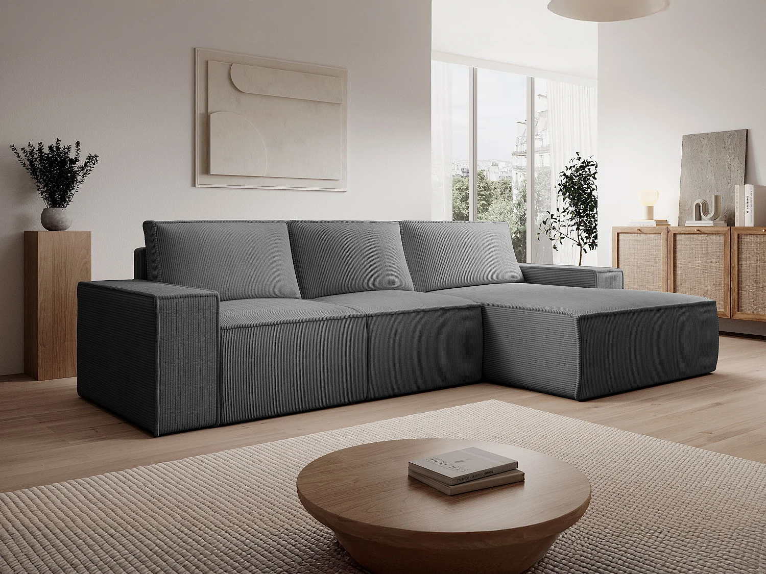 Stor högervänd bäddsoffa i grå manchester AMELIA