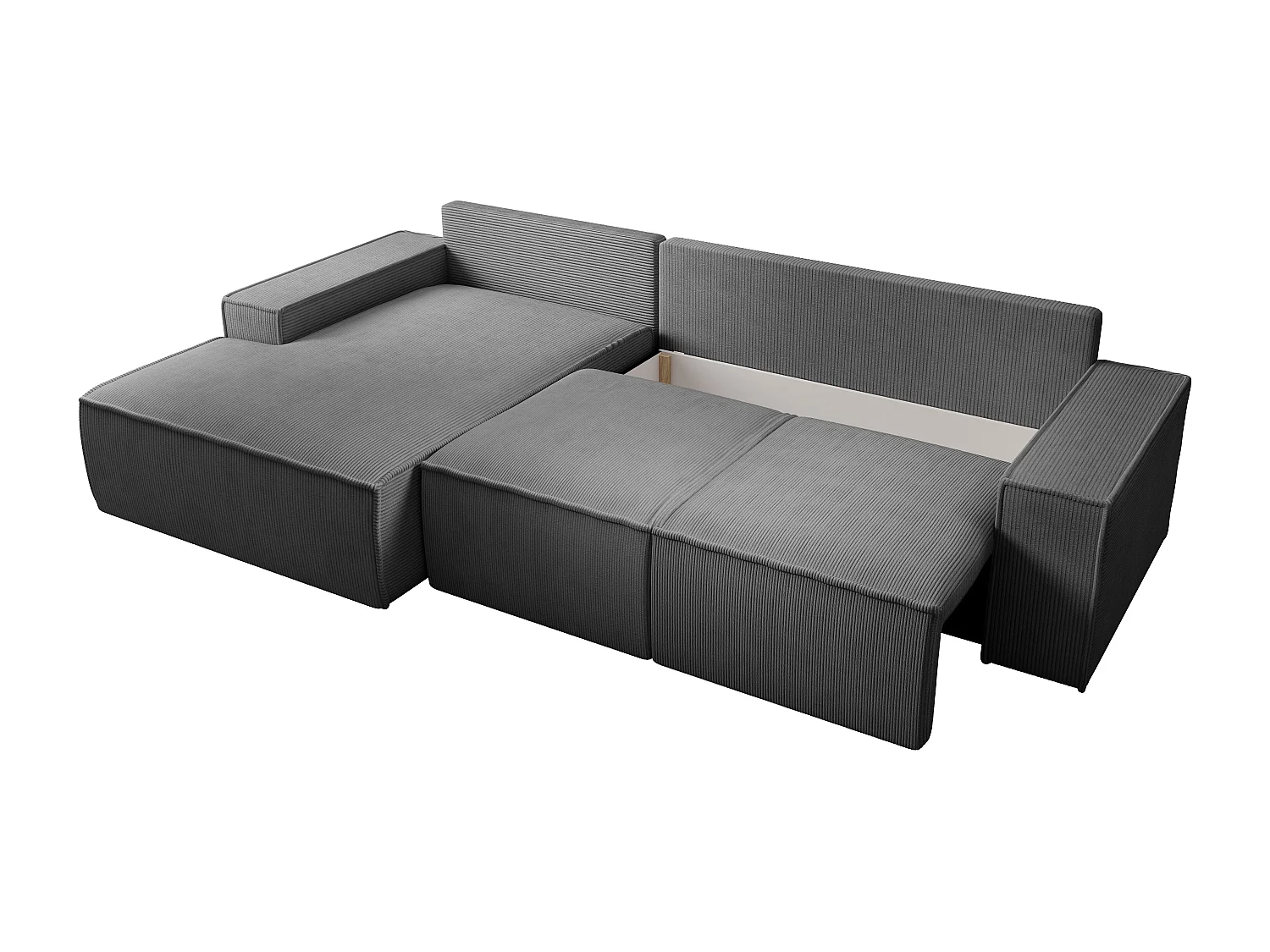 Stor vänstervänd bäddsoffa i grå antracitfärgad manchestersammet AMELIA