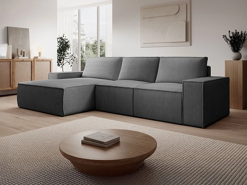  Grand canapé d'angle gauche convertible en velours côtelé gris anthracite AMELIA