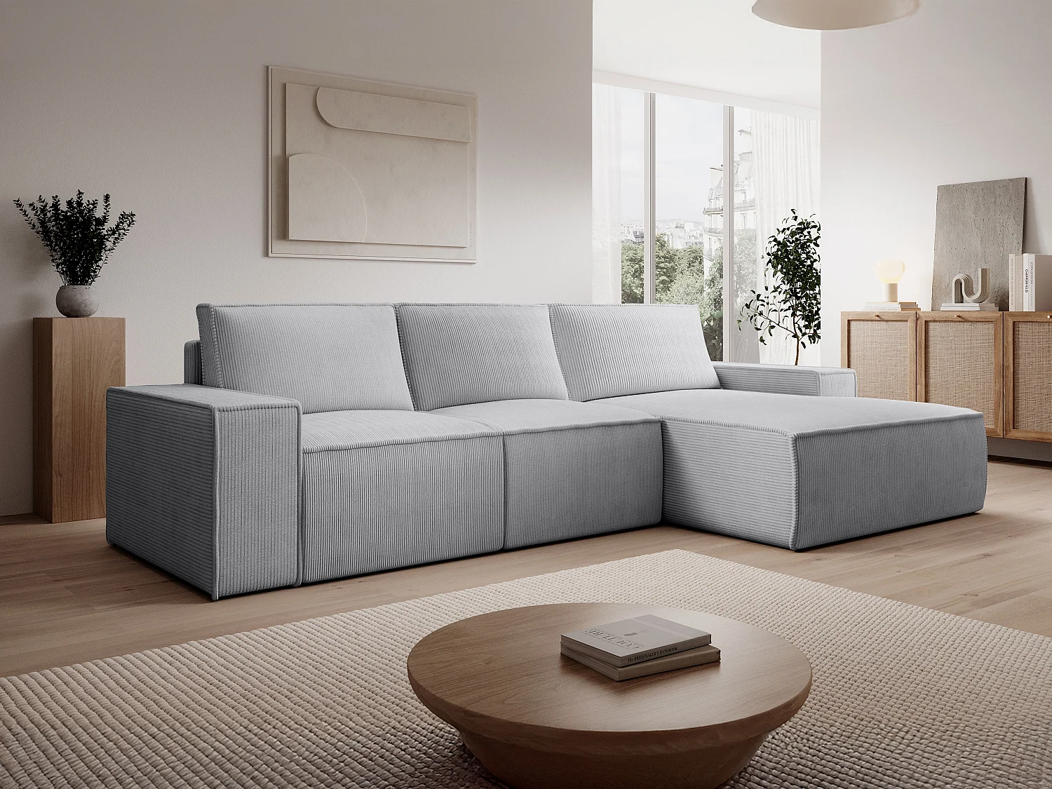 Stor ljusgrå manchestersammets-bäddsoffa med högerhörn AMELIA