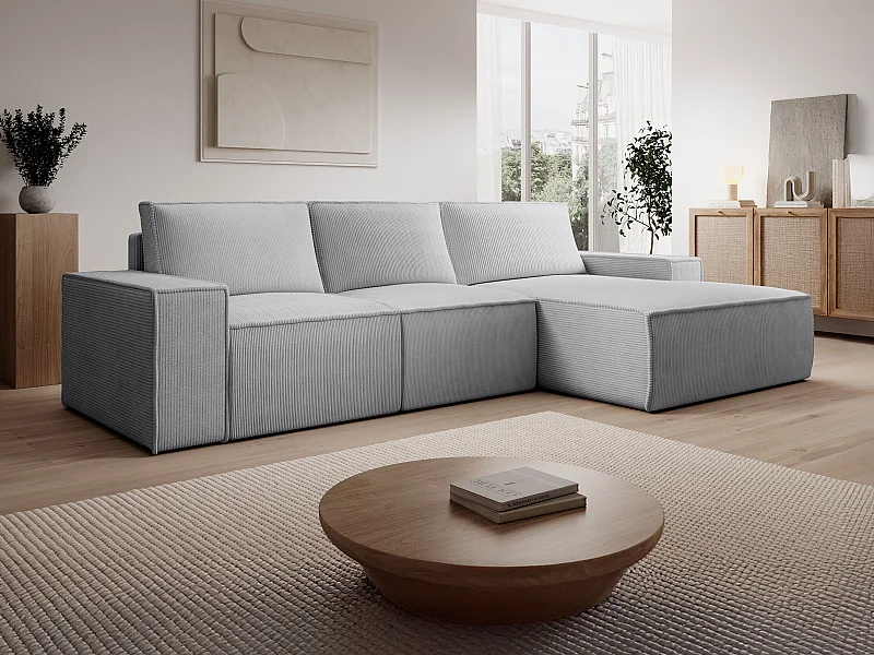  Grand canapé d'angle droit convertible en velours côtelé gris clair AMELIA