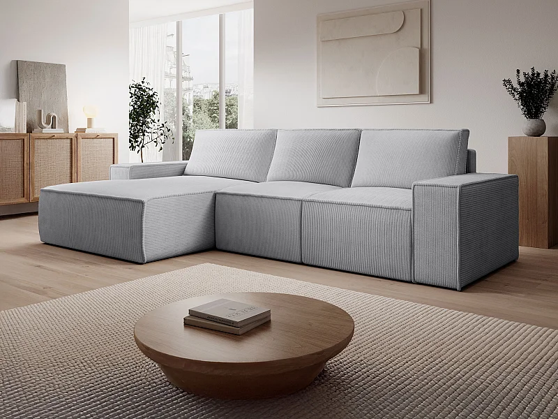  Grand canapé d'angle gauche convertible en velours côtelé gris clair AMELIA