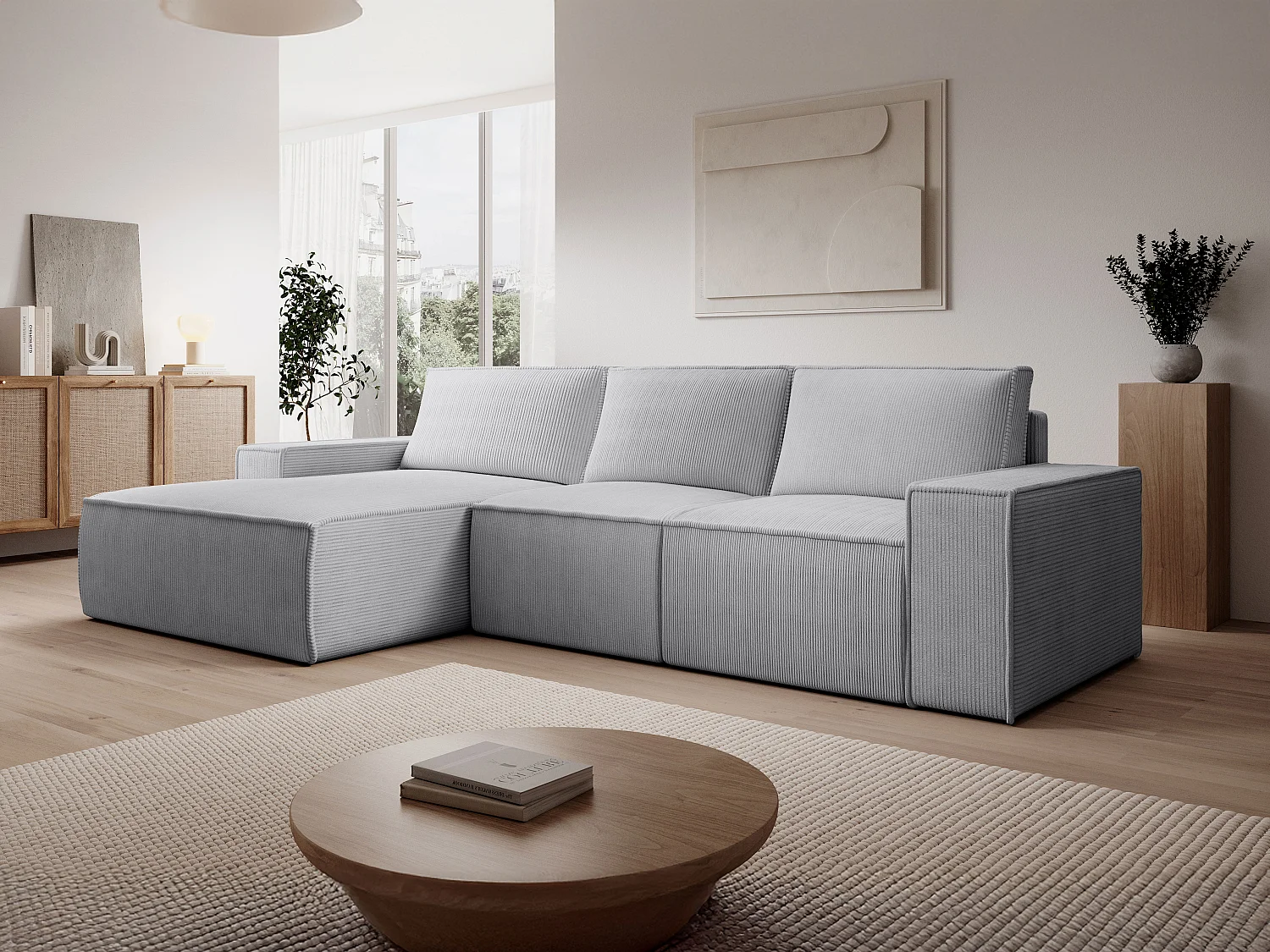  Grand canapé d'angle gauche convertible en velours côtelé gris clair AMELIA