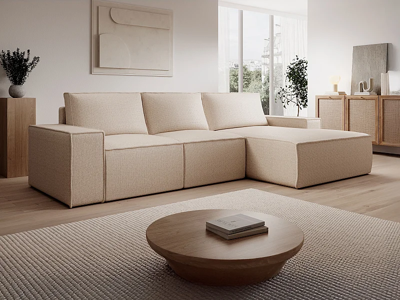  Grand canapé d'angle droit convertible en tissu texturé beige AMELIA