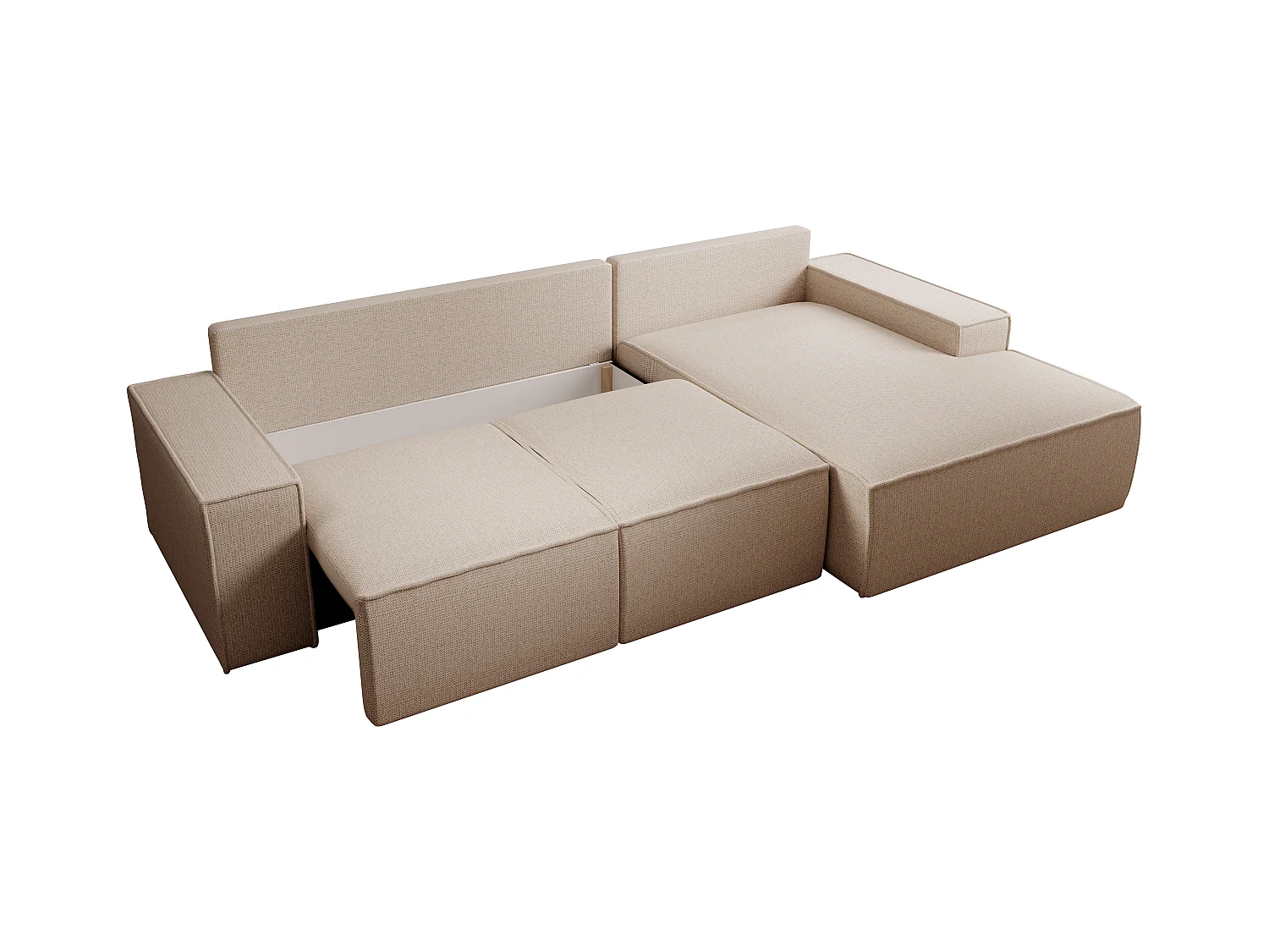  Grand canapé d'angle droit convertible en tissu texturé beige AMELIA