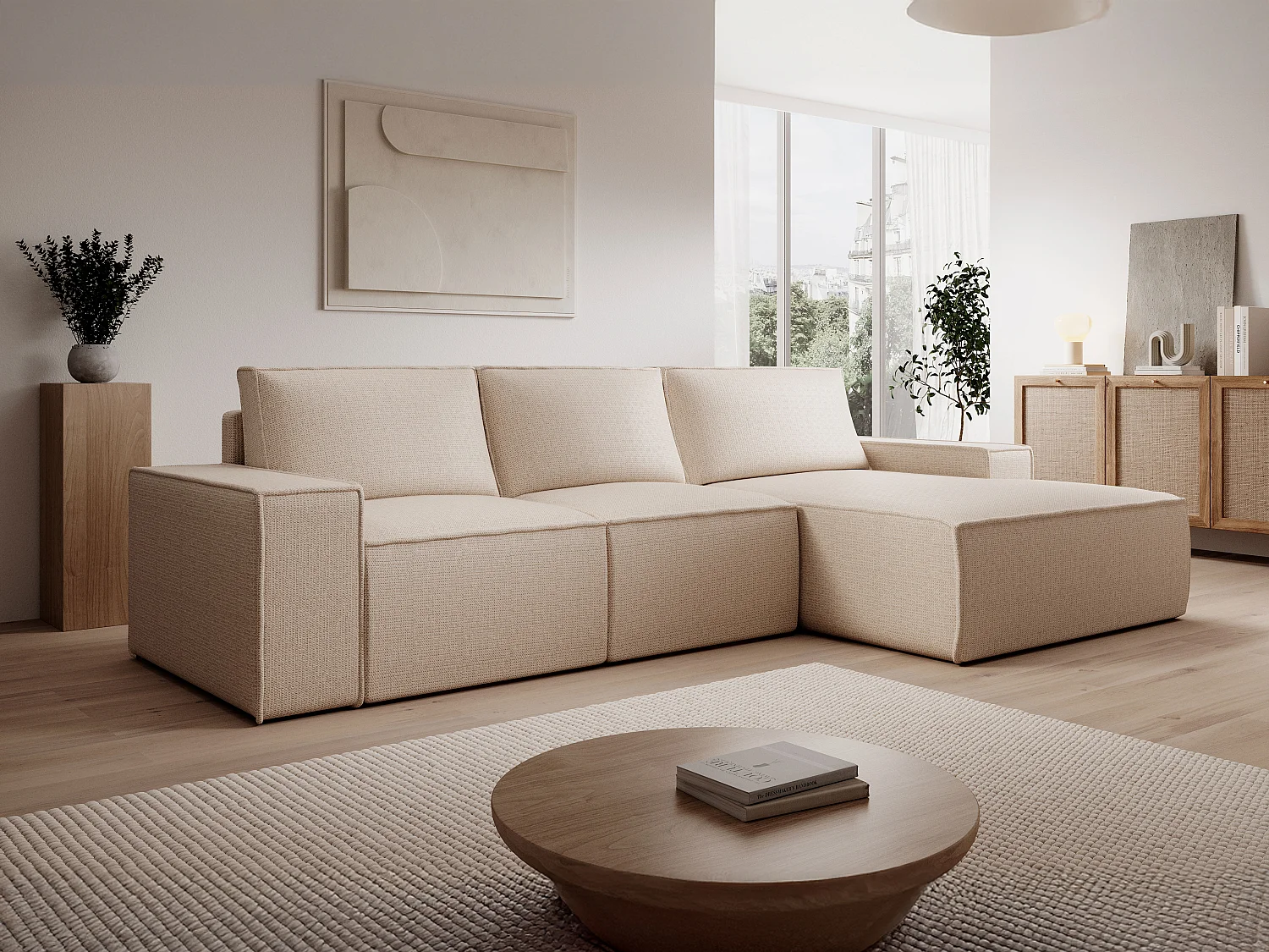  Grand canapé d'angle droit convertible en tissu texturé beige AMELIA