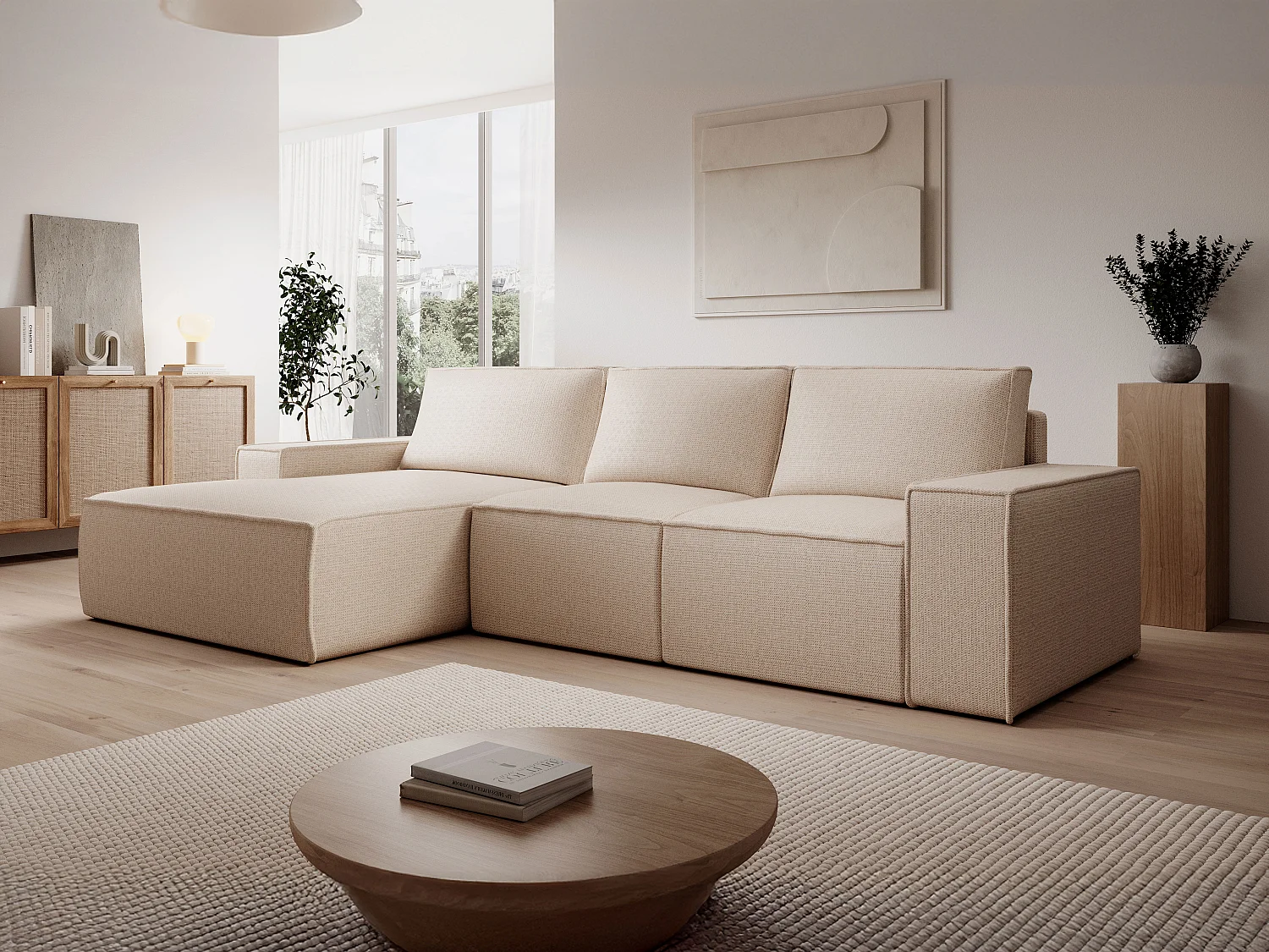  Grand canapé d'angle gauche convertible en tissu texturé beige AMELIA