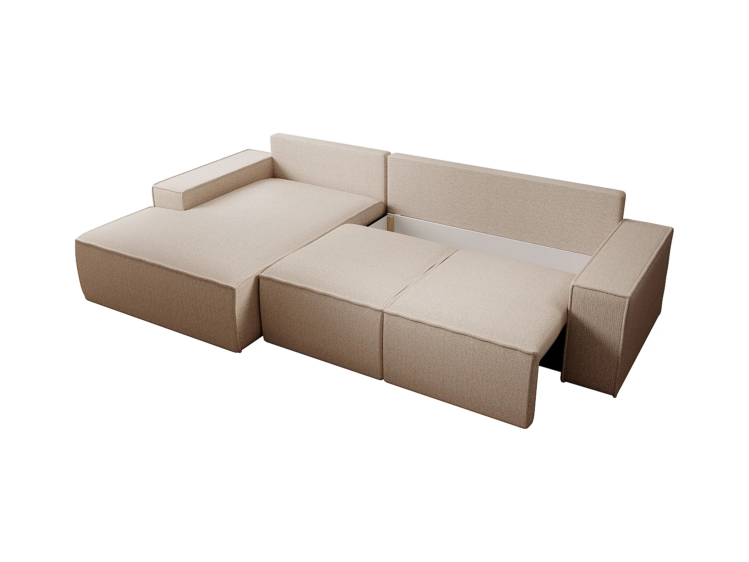  Stor venstrevendt hjørnesofa som kan gjøres om til seng i beige strukturert stoff AMELIA