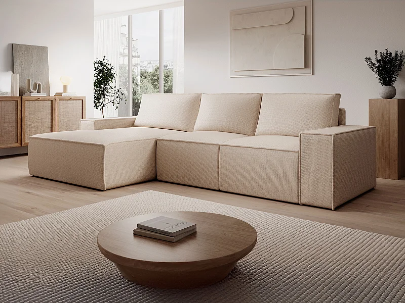 Großes Ecksofa mit Schlaffunktion - Ecke links - Strukturstoff - Beige - AMELIA
