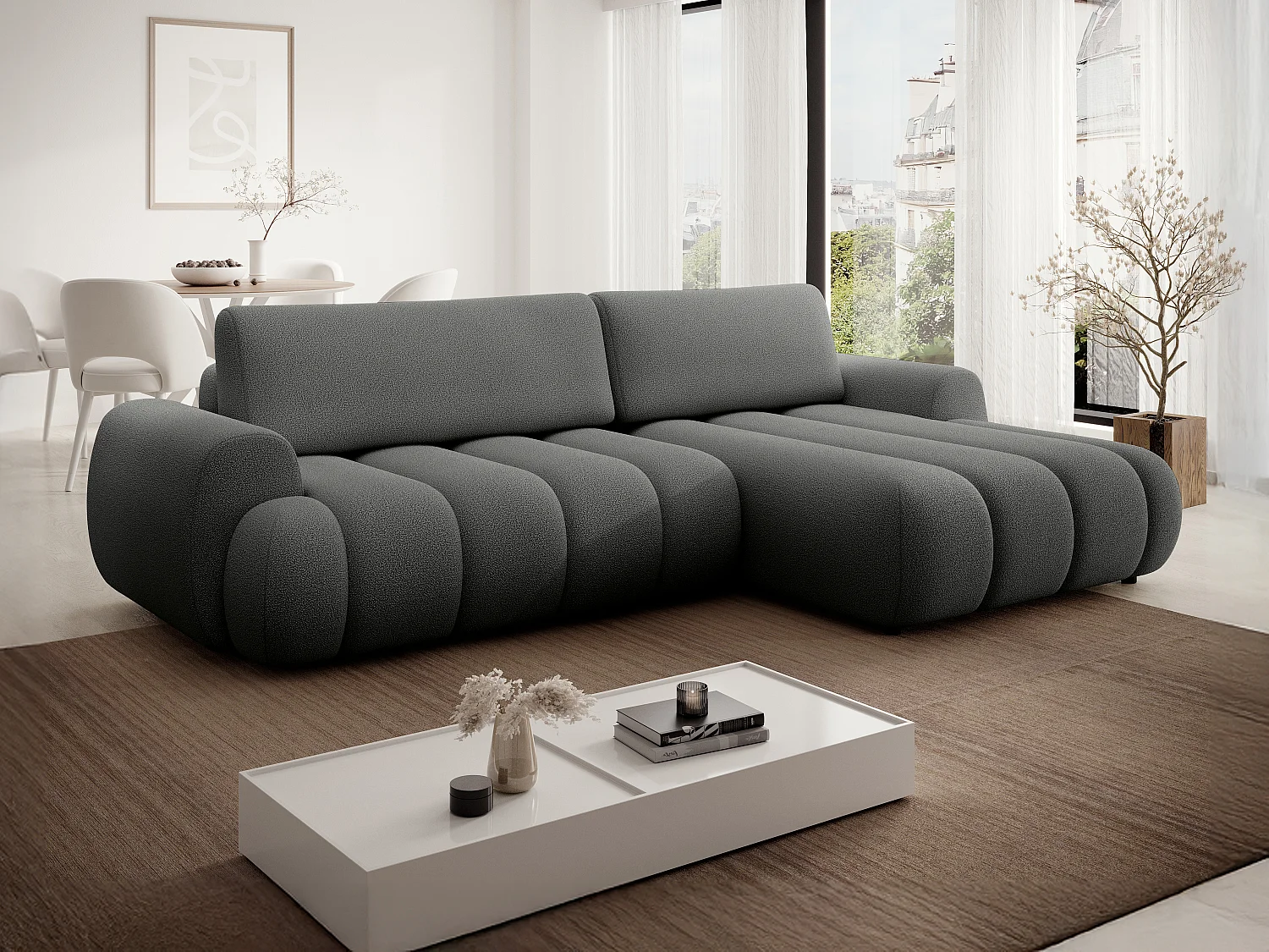 Canapé d'angle droit convertible en tissu gris FRIDORA