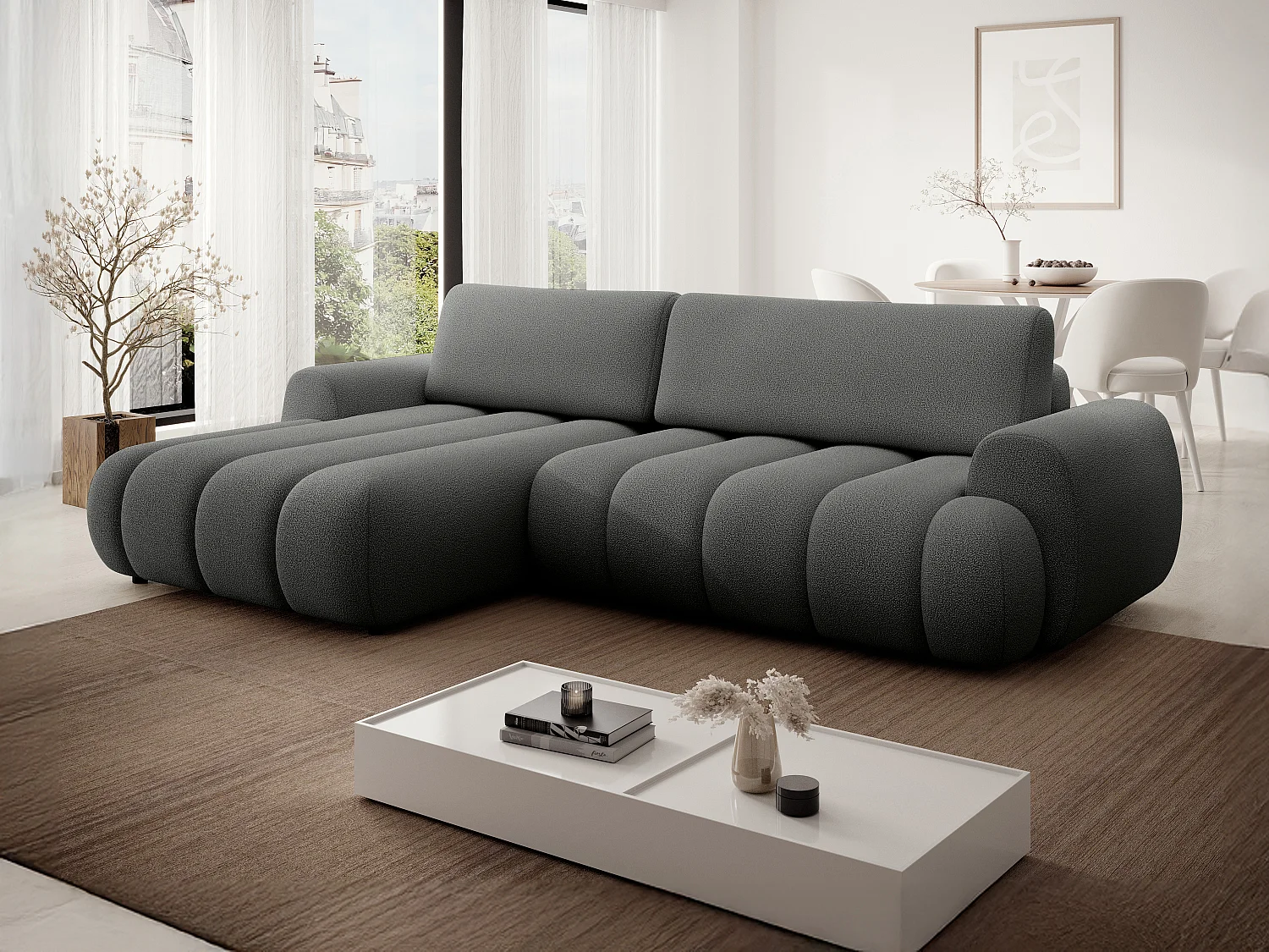 Canapé d'angle gauche convertible en tissu gris FRIDORA