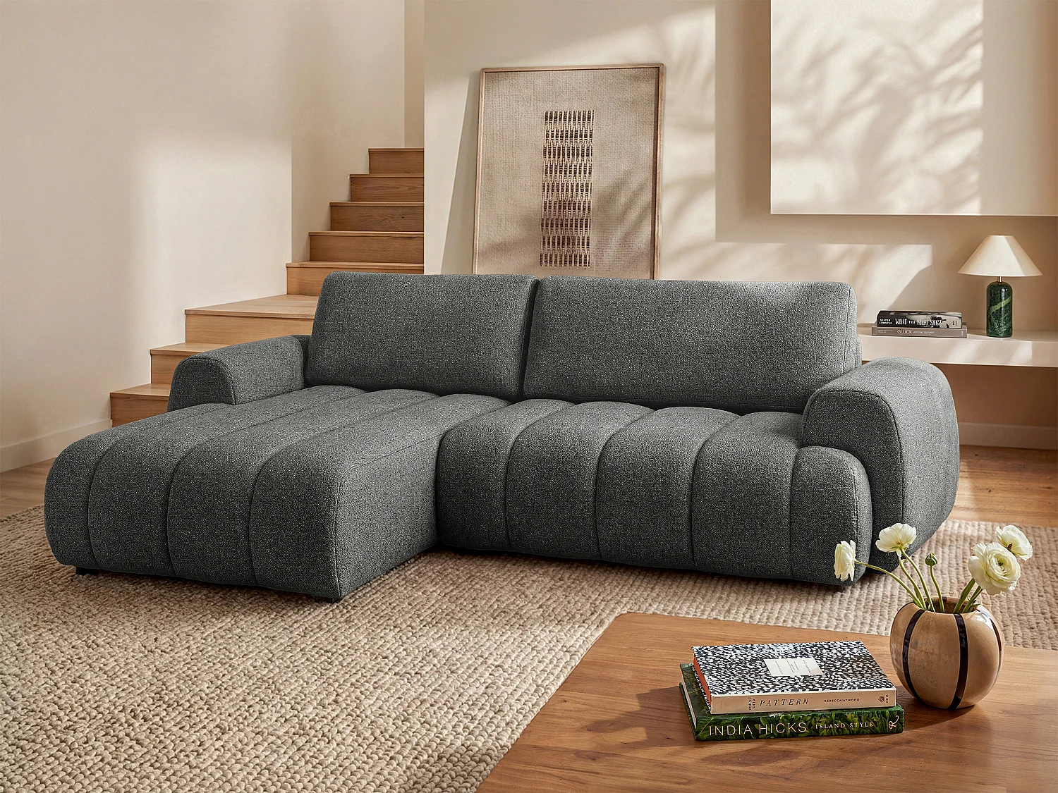 Divano angolare sinistro convertibile in tessuto grigio FRIDORA