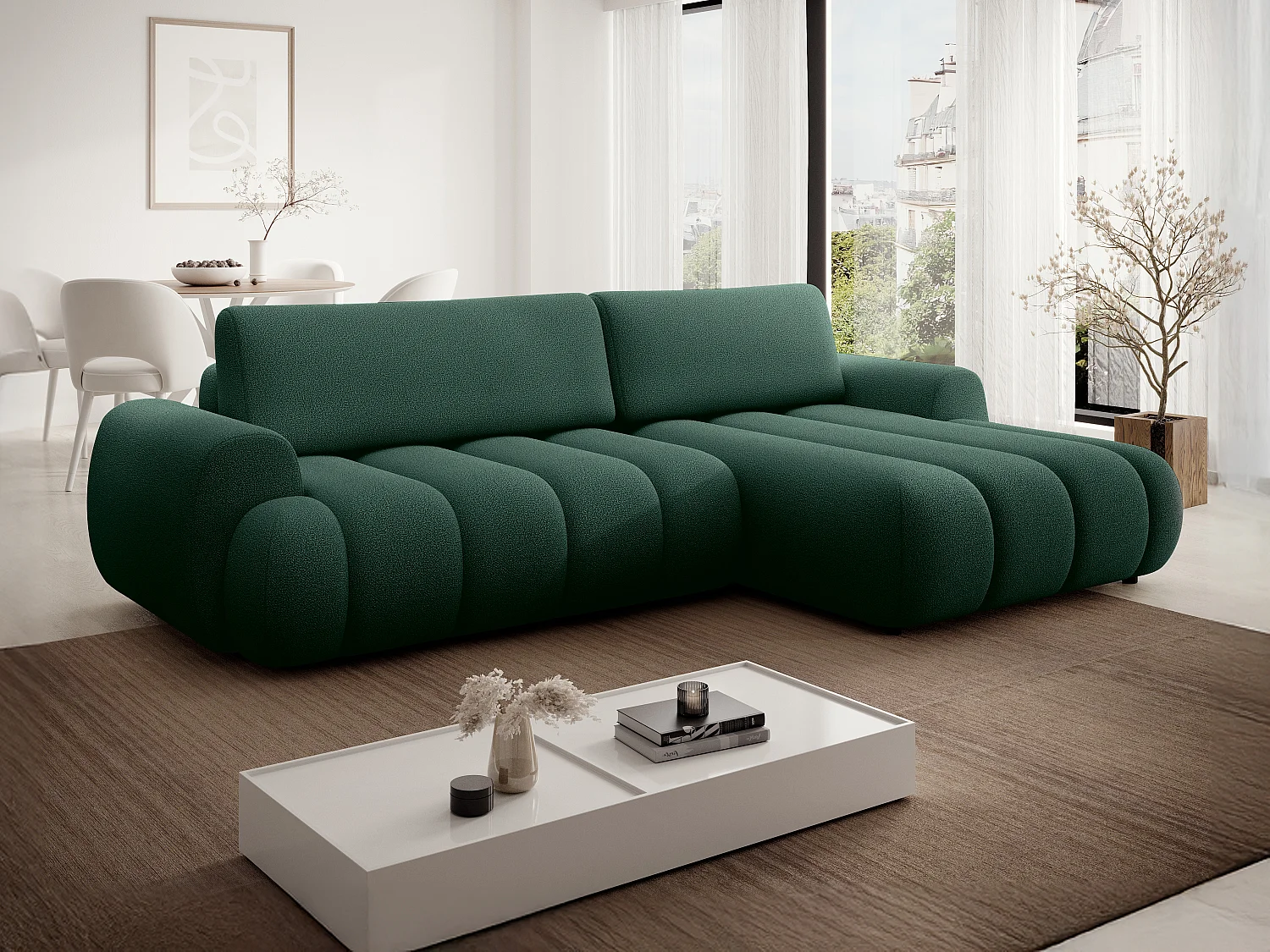 Canapé d'angle droit convertible en tissu vert sapin FRIDORA