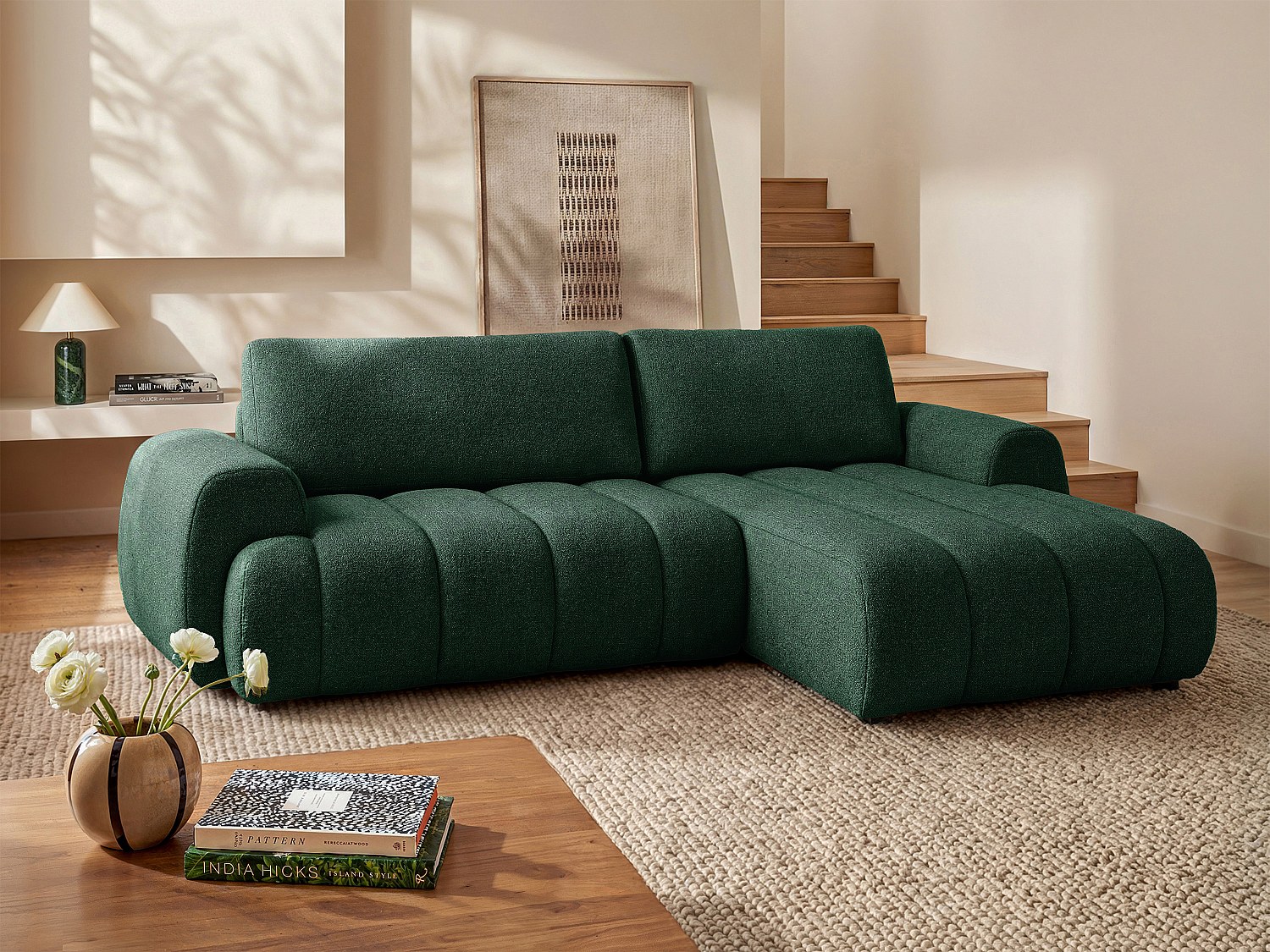 Canapé d'angle droit convertible en tissu vert sapin FRIDORA