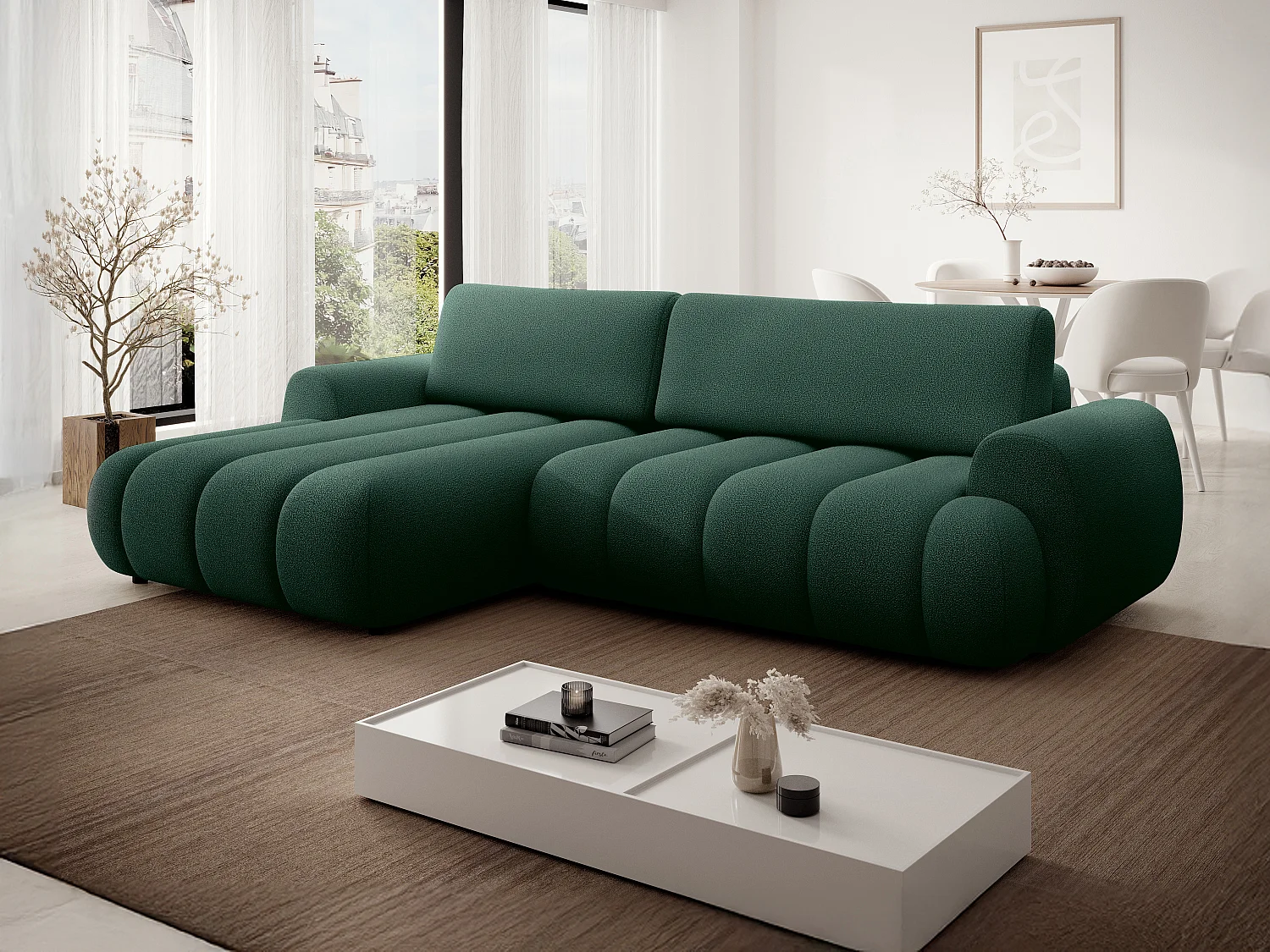 Canapé d'angle gauche convertible en tissu vert sapin FRIDORA