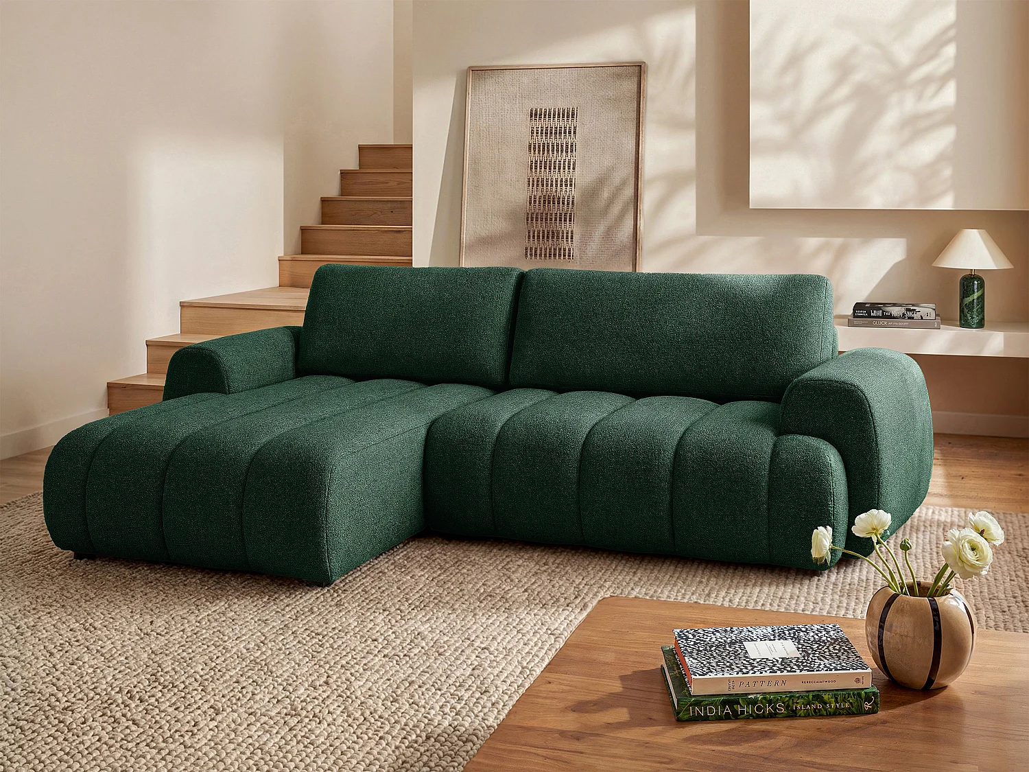 Divano angolare sinistro convertibile in tessuto verde abete FRIDORA