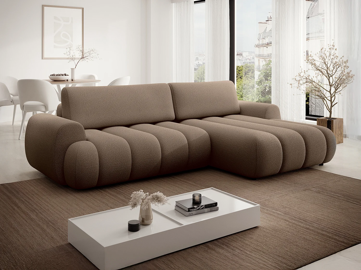 Canapé d'angle droit convertible en tissu taupe FRIDORA