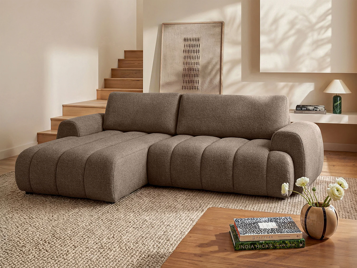 Divano angolare sinistro convertibile in tessuto tortora FRIDORA