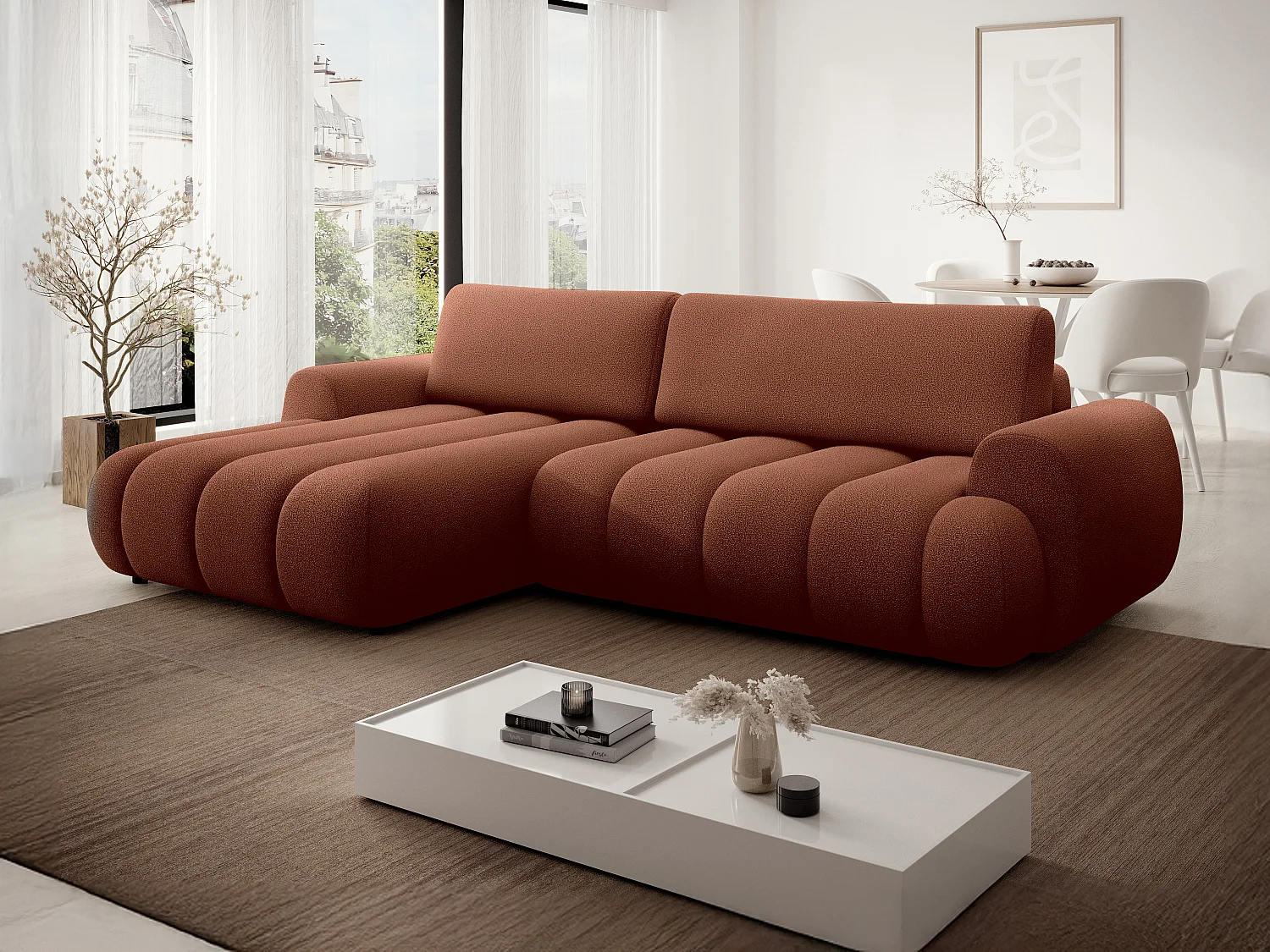 Canapé d'angle gauche convertible en tissu terracotta  FRIDORA