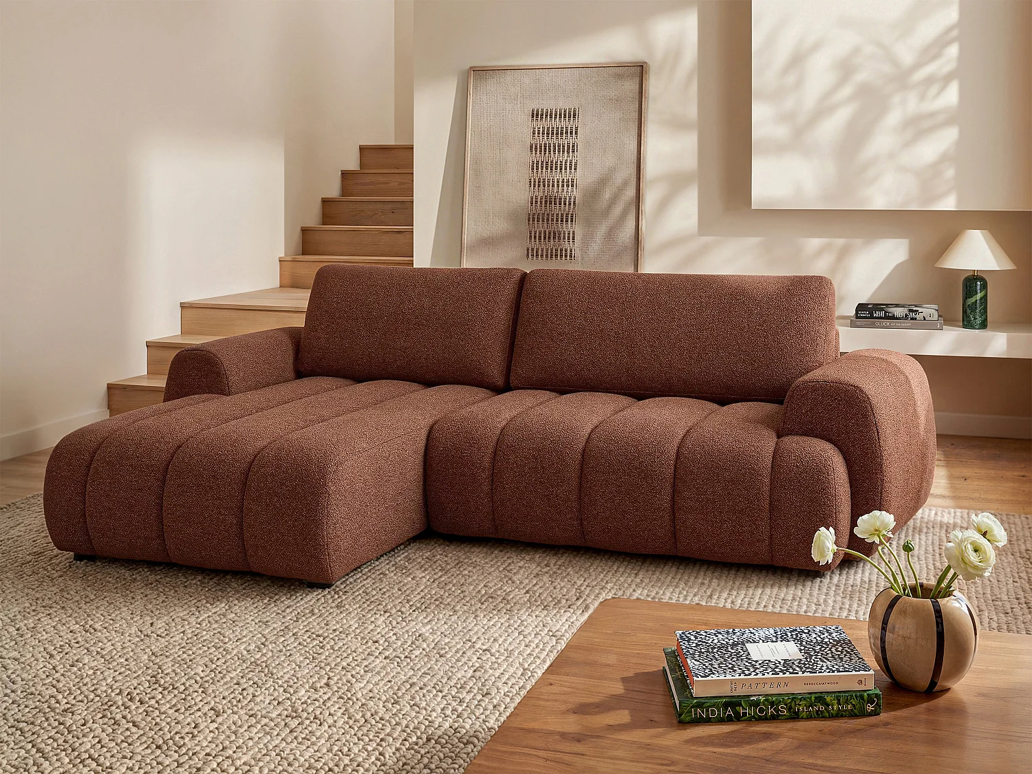 Divano ad angolo sinistro convertibile in tessuto terracotta FRIDORA