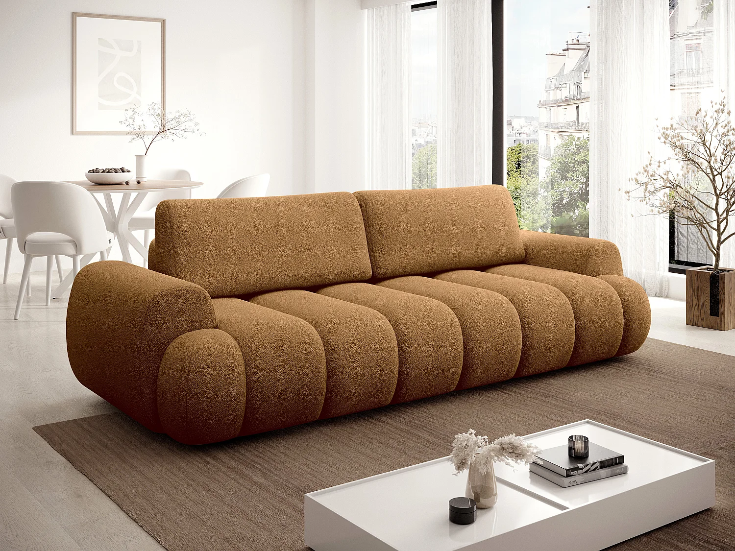 Canapé 4 places convertible en tissu jaune moutade FRIDORA