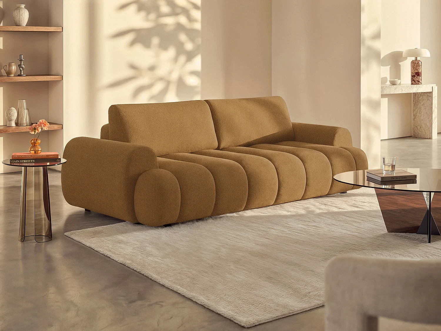 4-zits slaapbare bank van gele mosterdkleurige stof FRIDORA