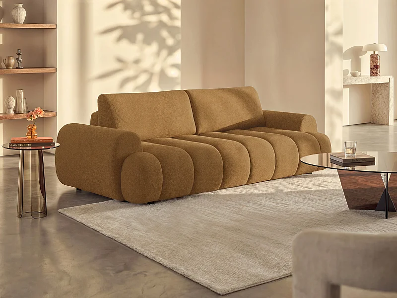 4-zits slaapbare bank van gele mosterdkleurige stof FRIDORA