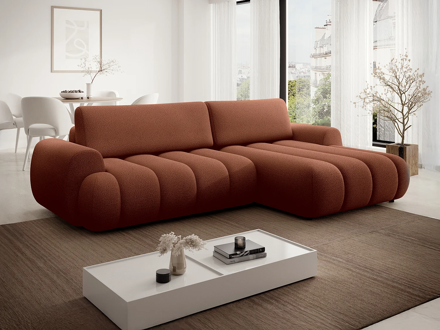 Canapé d'angle droit convertible en tissu terracotta FRIDORA