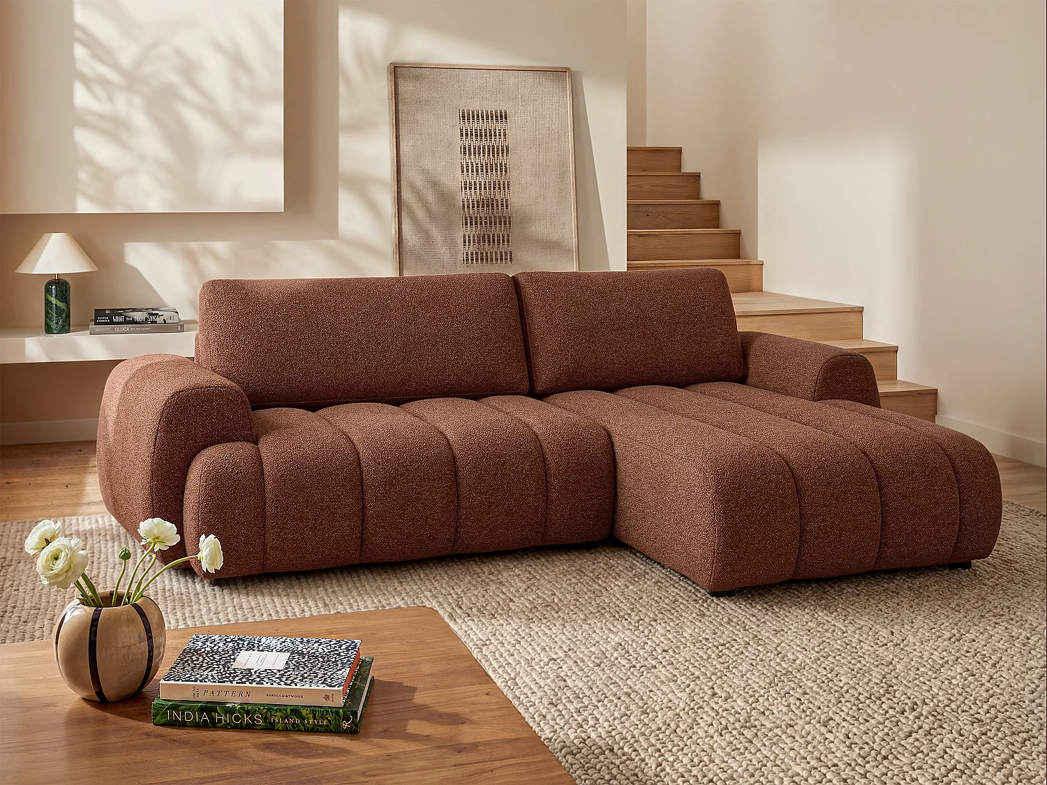 Divano angolare destro convertibile in tessuto terracotta FRIDORA