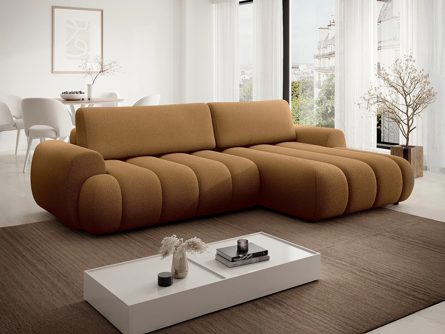 Canapé d'angle droit convertible en tissu jaune moutade FRIDORA