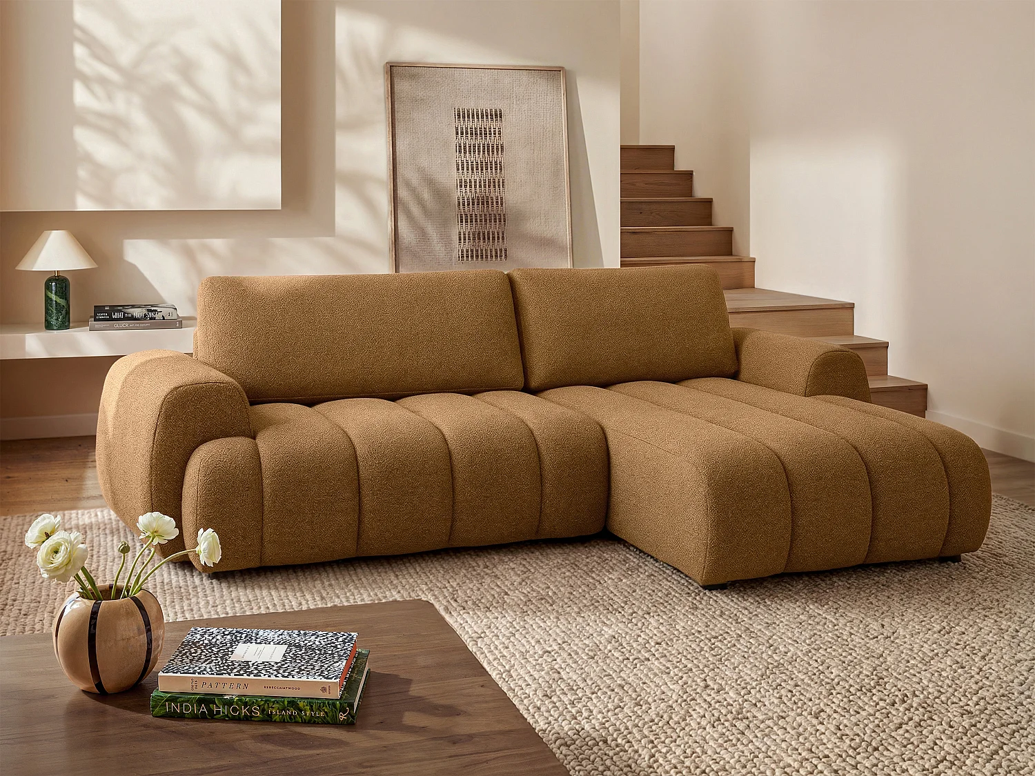 Divano angolare destra trasformabile in tessuto giallo senape con contenitore FRIDORA