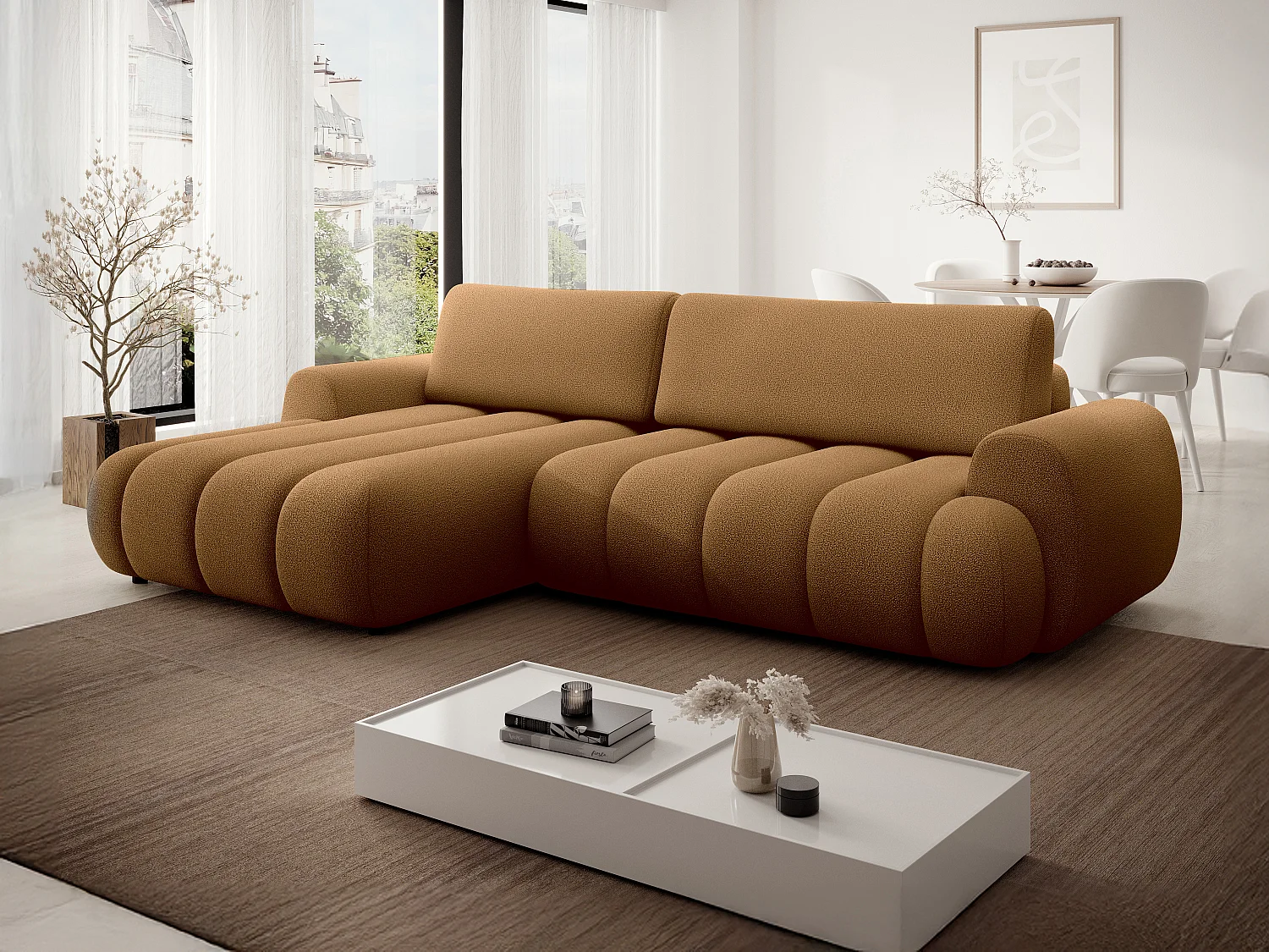 Canapé d'angle gauche convertible en tissu jaune moutade FRIDORA