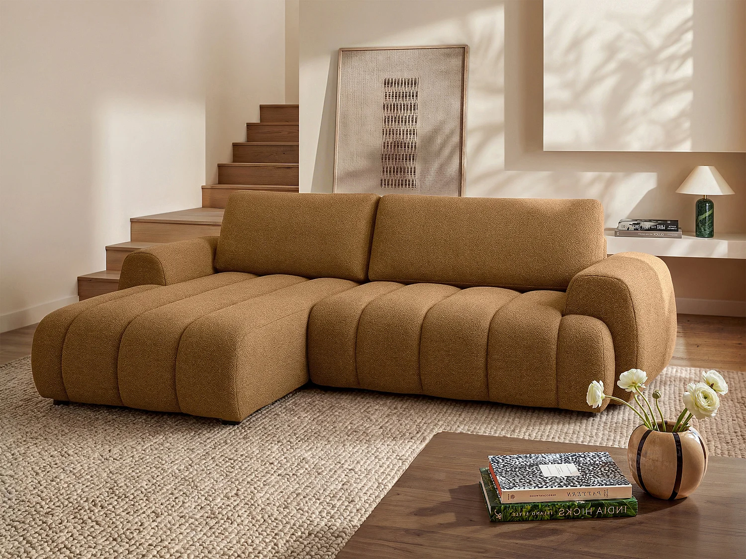 Divano ad angolo sinistro convertibile in tessuto giallo senape FRIDORA