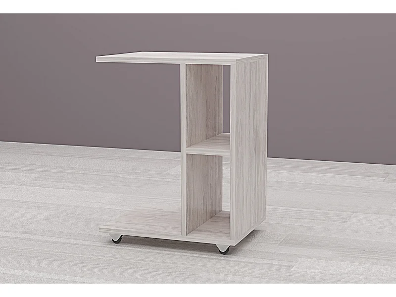 Tavolino da salotto con ruote e 2 vani a giorno in legno bianco TG9