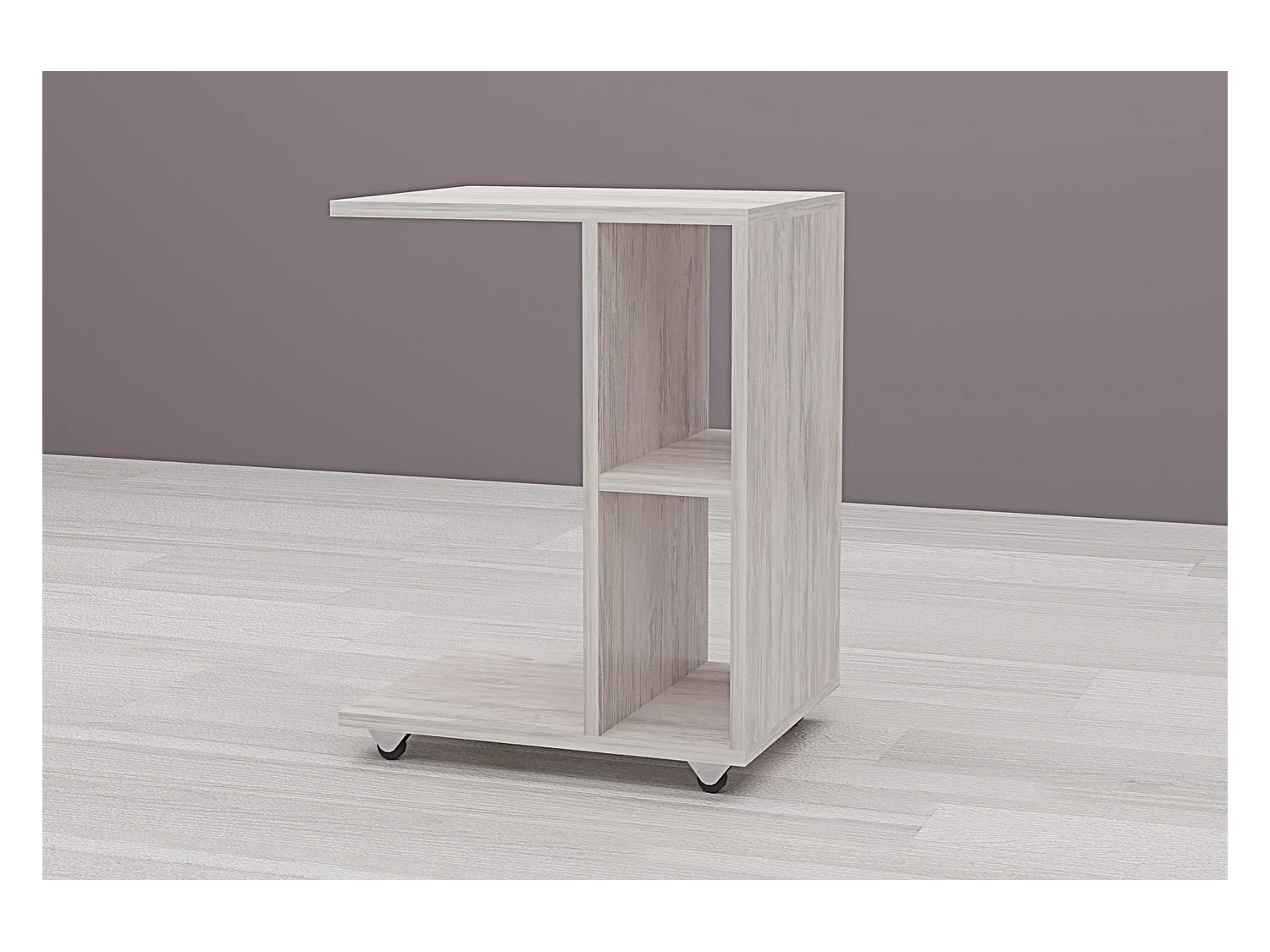 Tavolino da salotto con ruote e 2 vani a giorno in legno bianco TG9