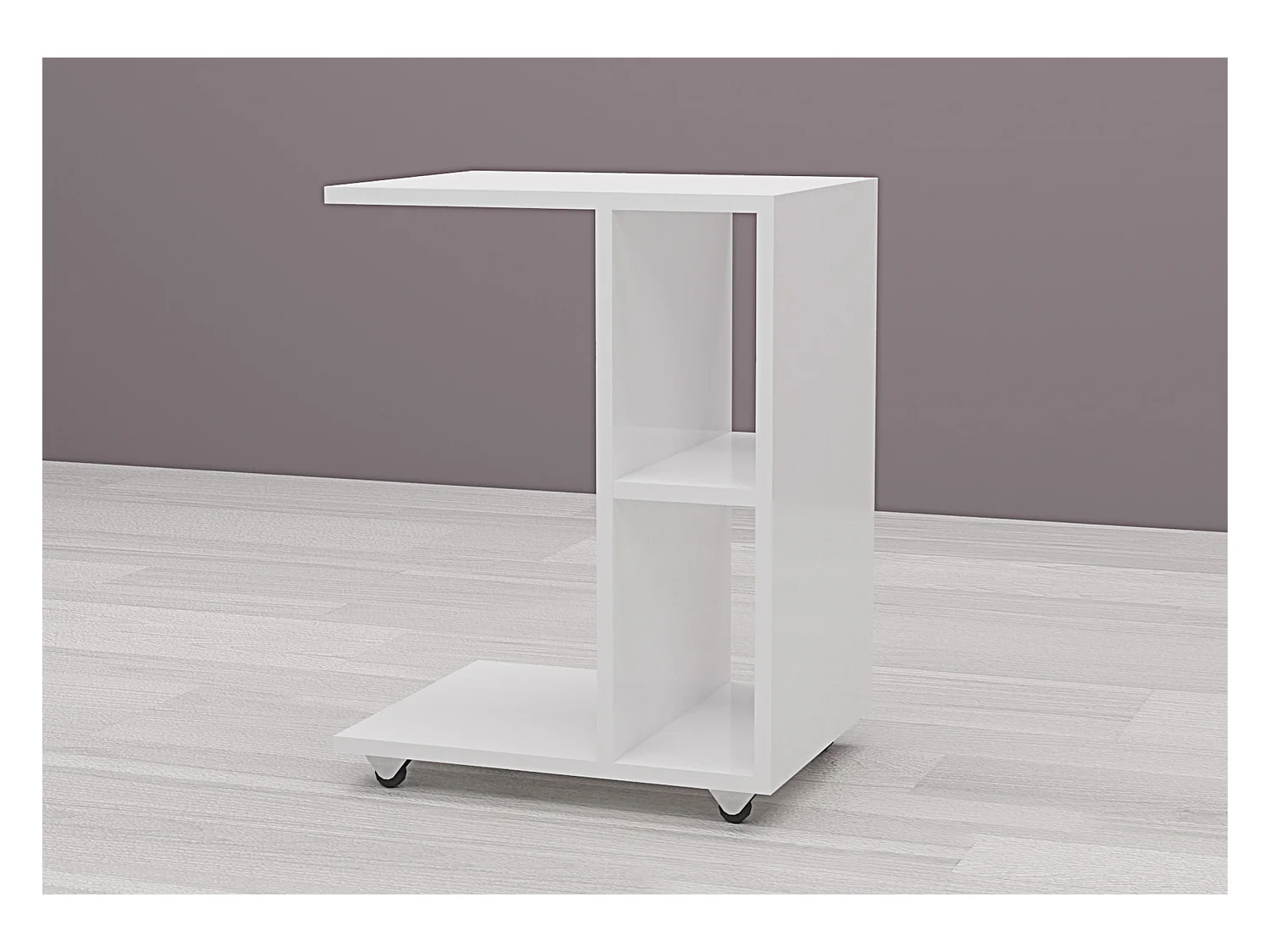 Tavolino da salotto con ruote e 2 vani a giorno in bianco lucido TG9